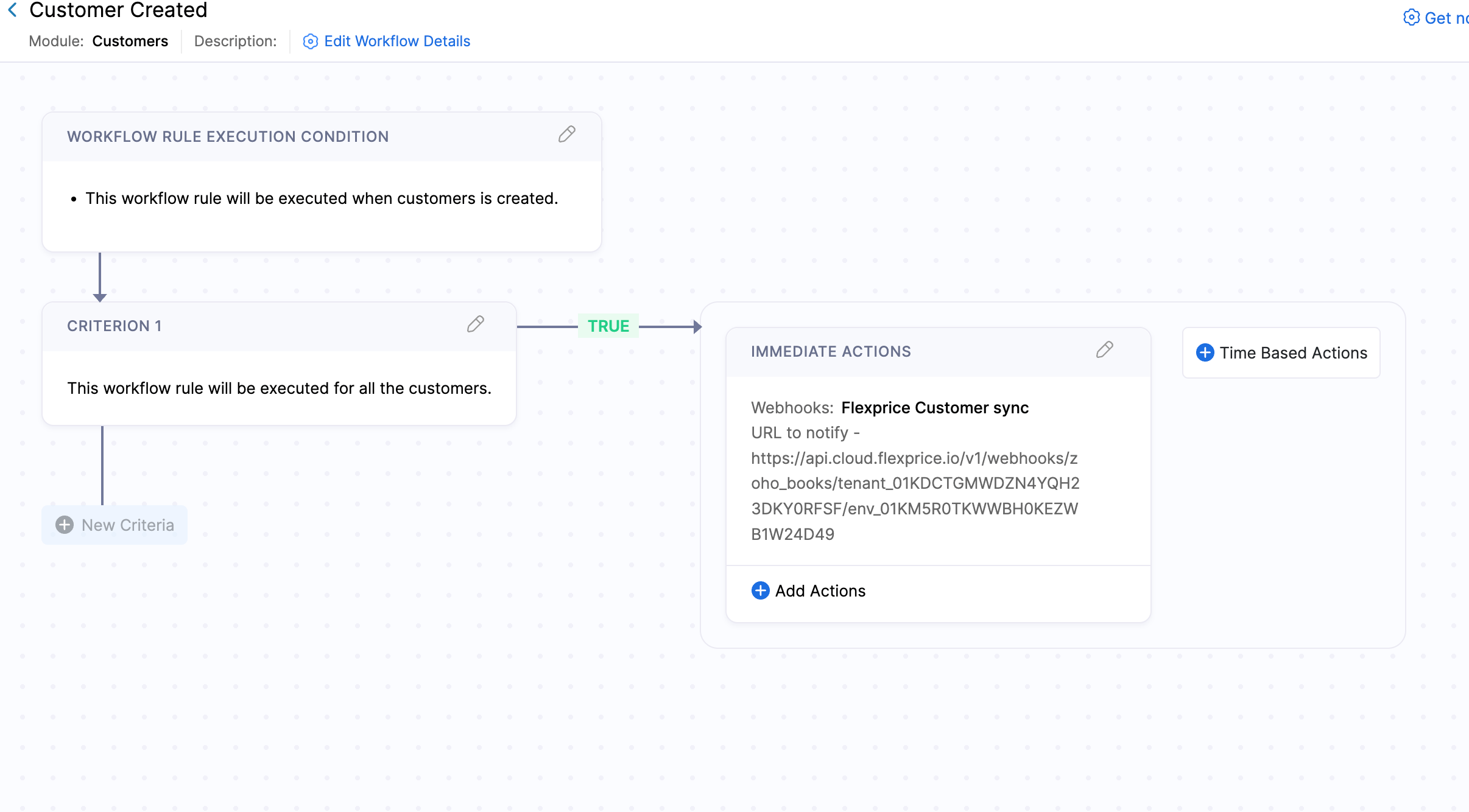 Zoho Books — Customers workflow: customer created triggers webhook to Flexprice