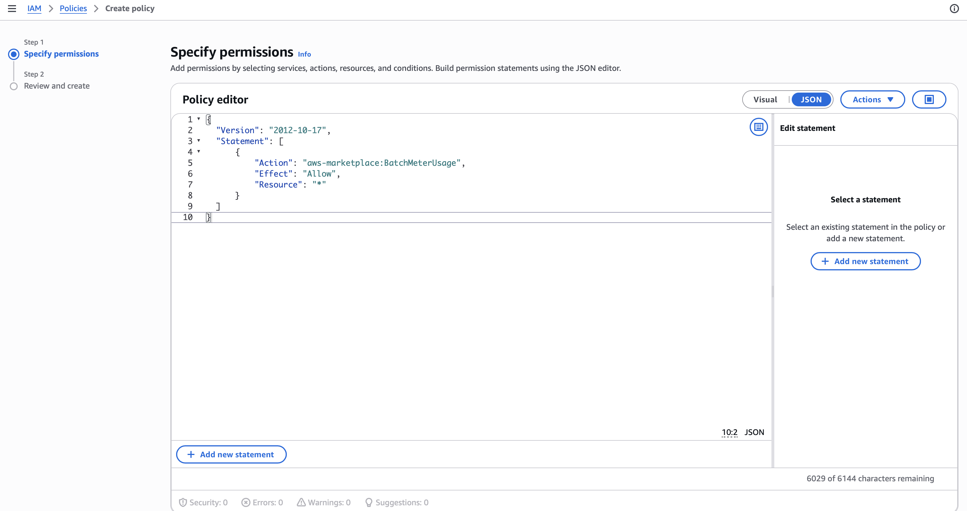 Specify permissions for the IAM policy