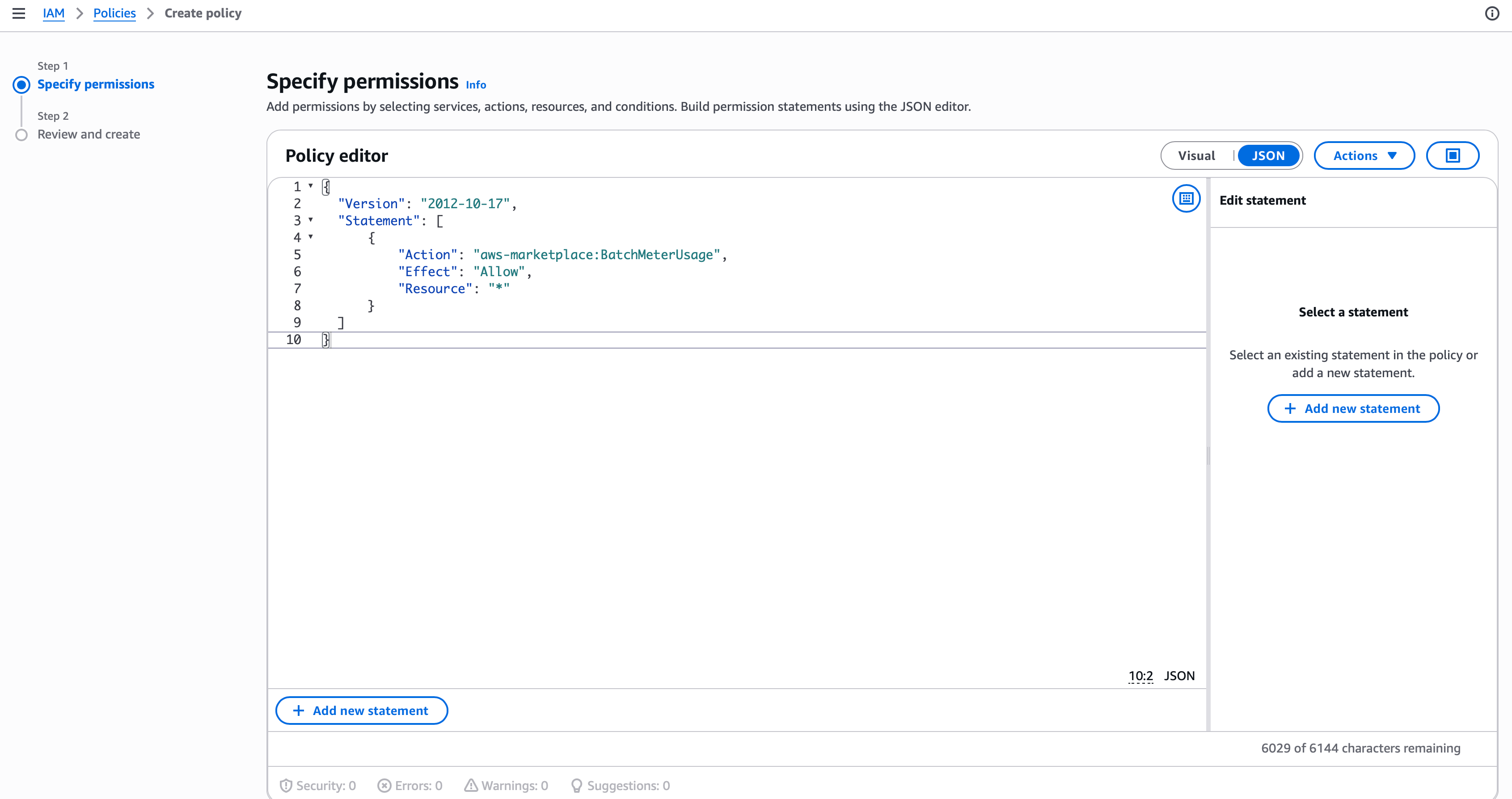 Specify permissions for the IAM policy