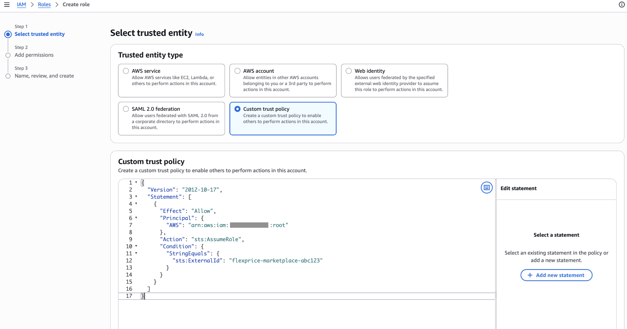 Select a custom trust policy for the cross-account role