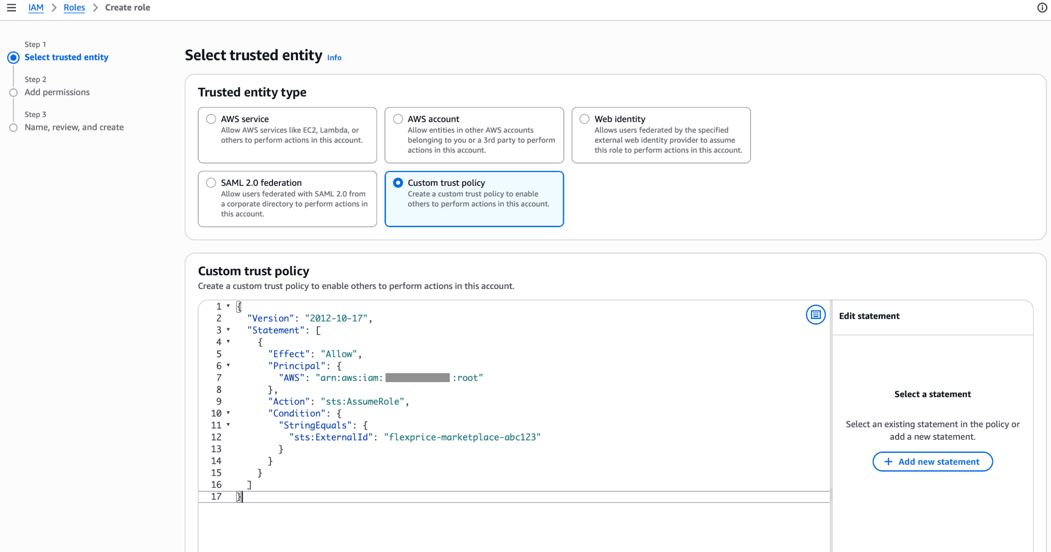 Select a custom trust policy for the cross-account role
