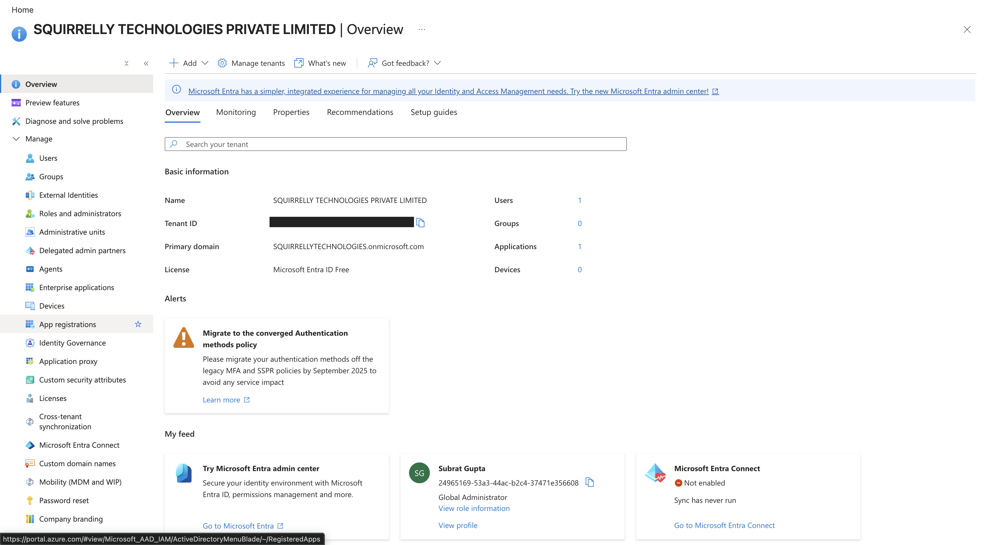 Microsoft Entra ID overview, with App registrations in the left navigation
