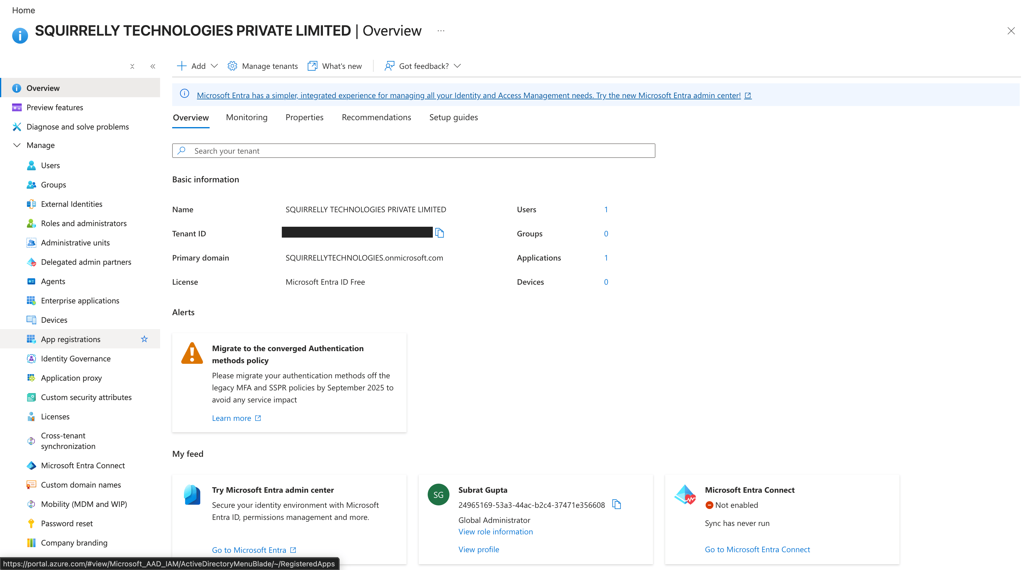 Microsoft Entra ID overview, with App registrations in the left navigation