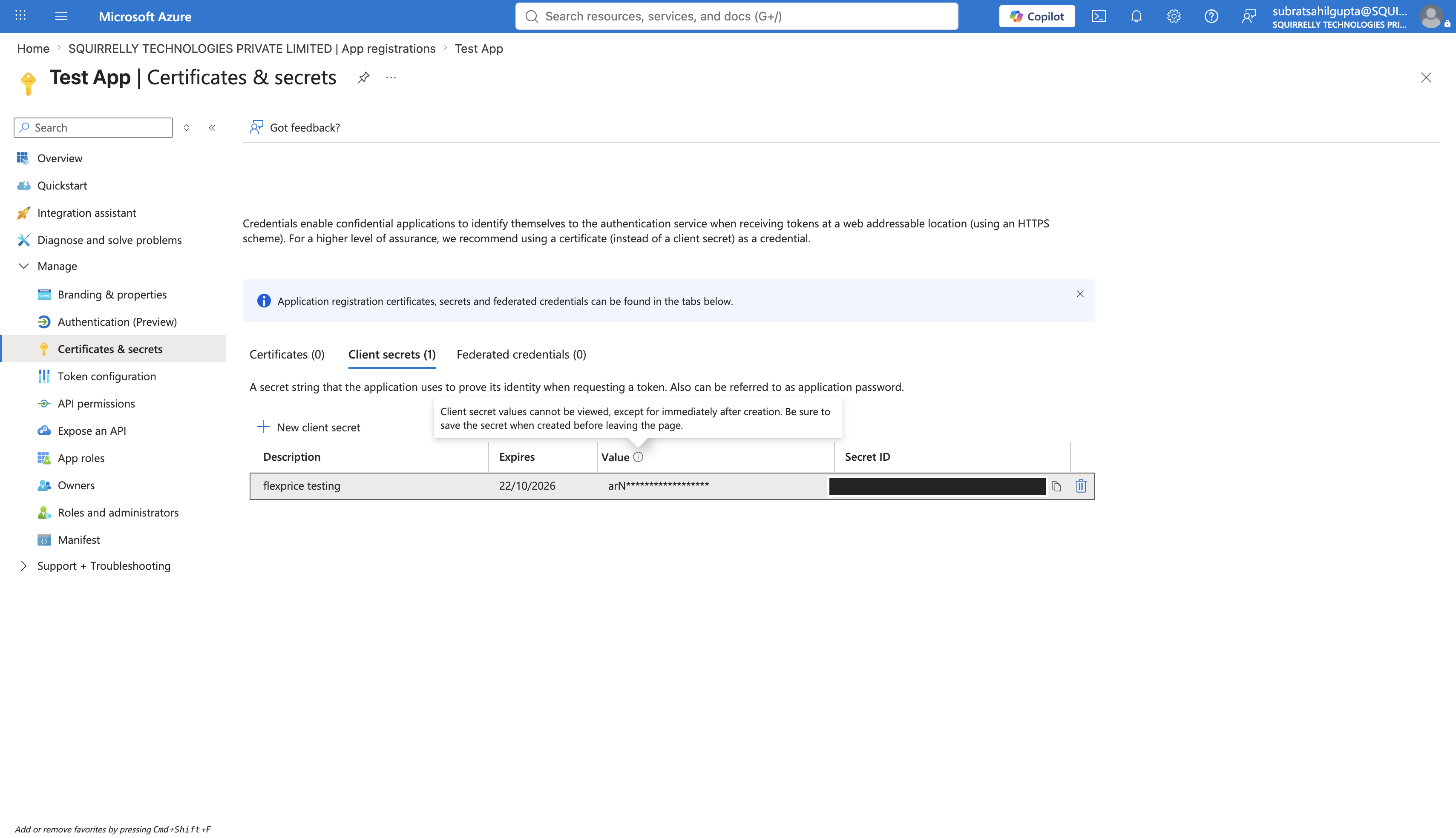 Certificates & secrets page showing a generated client secret