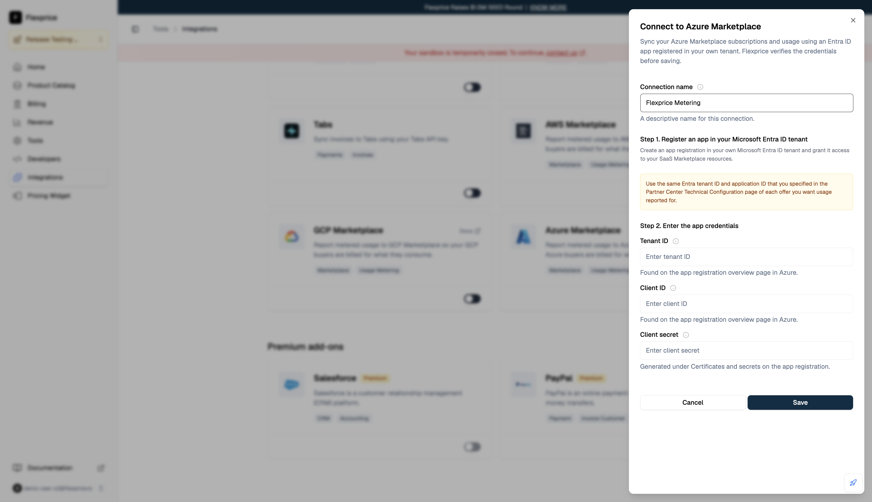 The Flexprice dashboard's Connect to Azure Marketplace drawer, with Tenant ID, Client ID, and Client secret fields