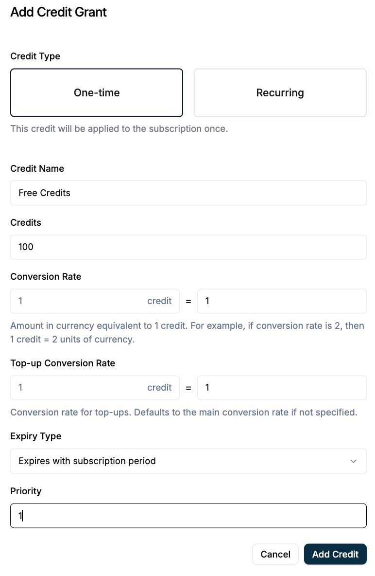 Add Subscription and credit grants