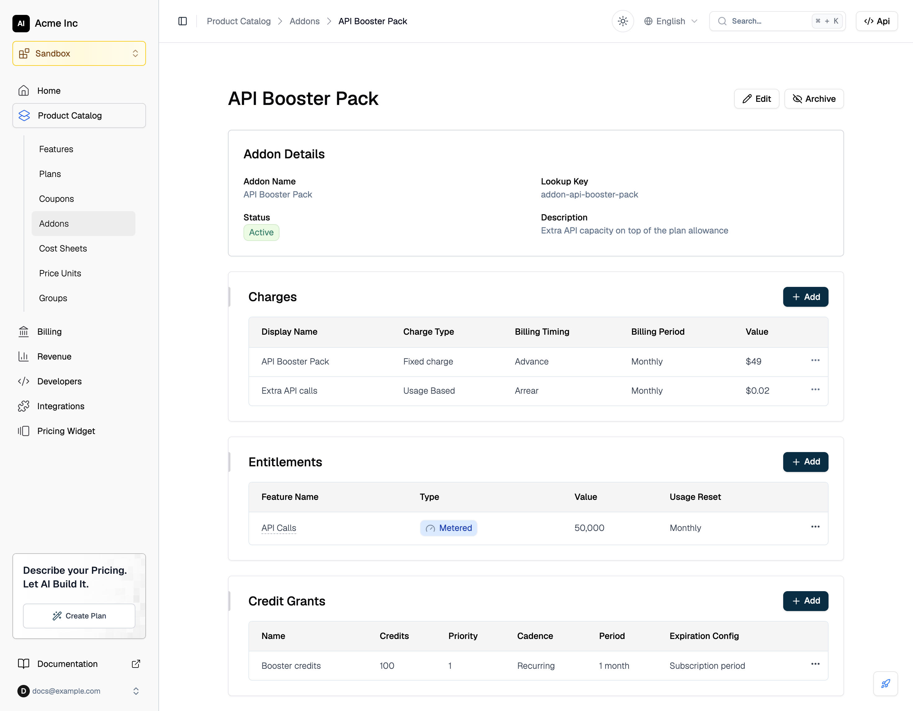 An addon details page with charges, entitlements, and credit grants