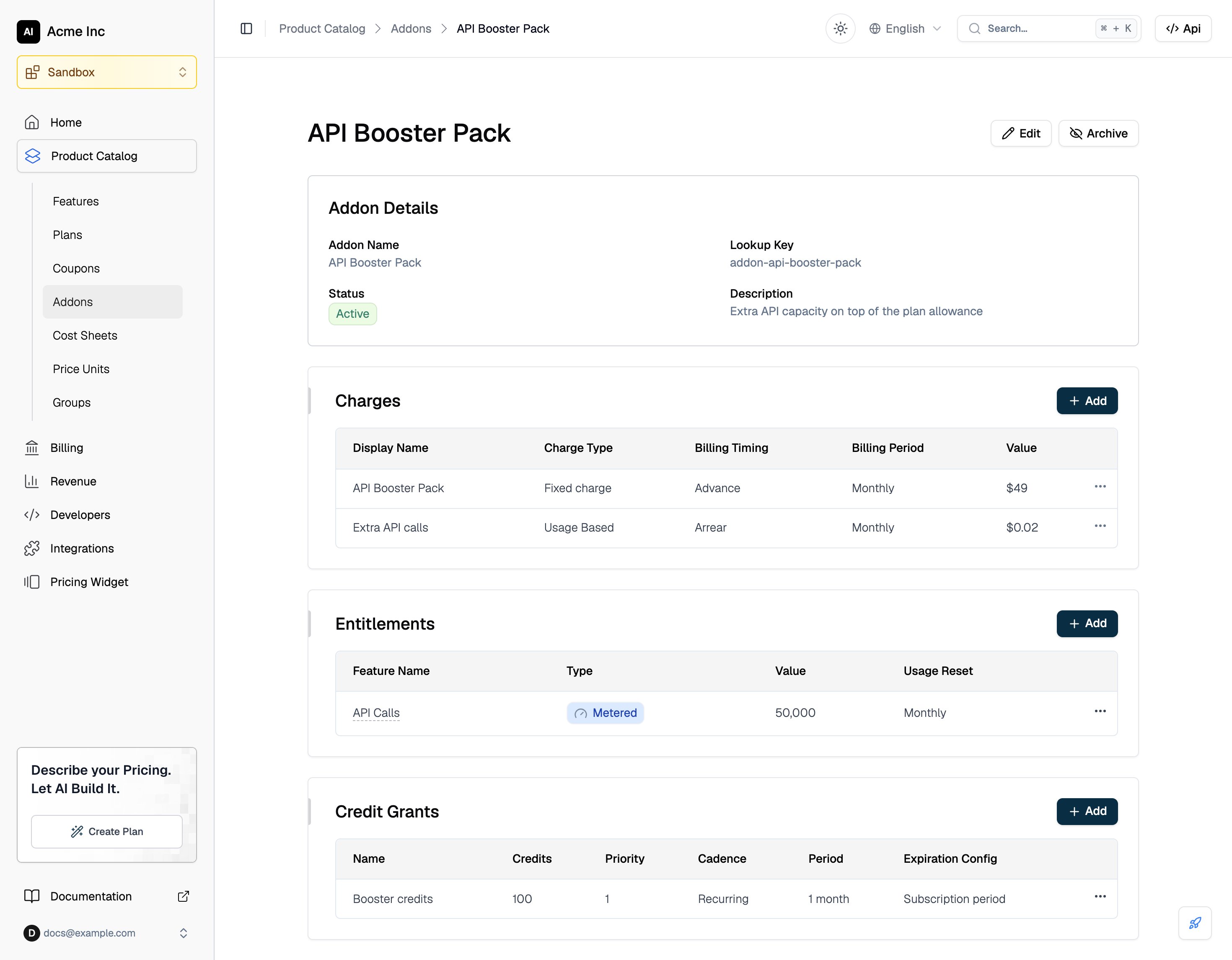 An addon details page with charges, entitlements, and credit grants