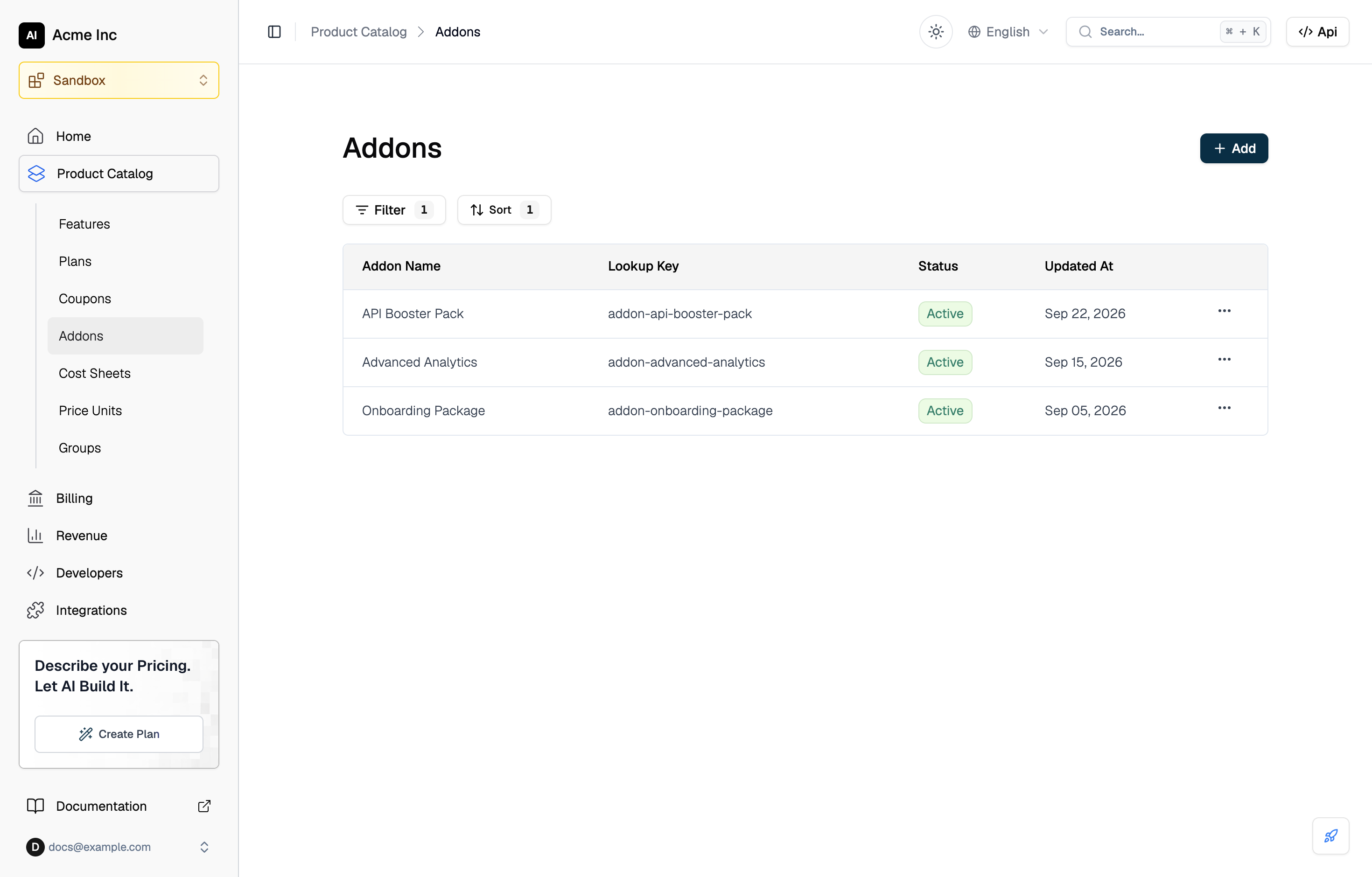 The Addons list under Product Catalog