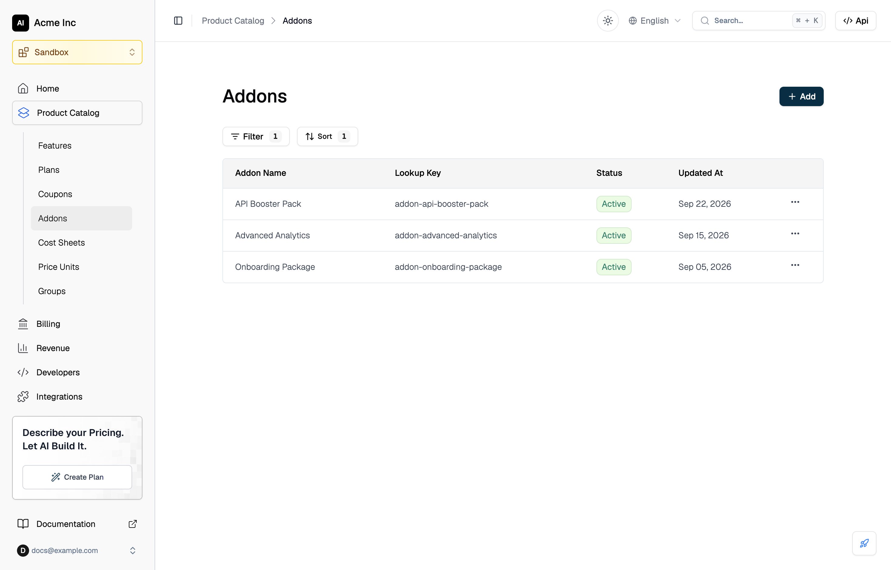 The Addons list under Product Catalog