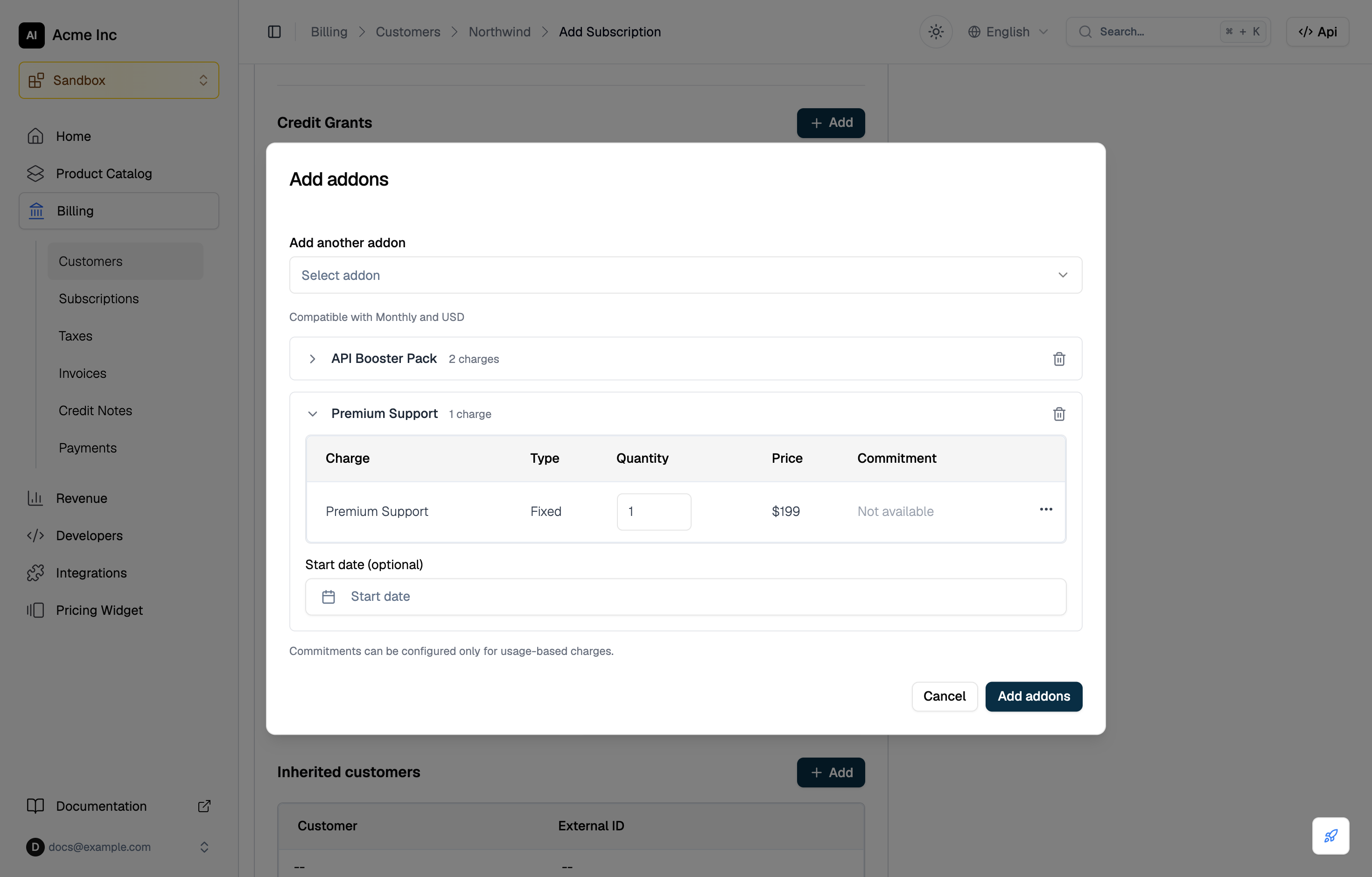 The Add addons dialog in the subscription form with two addons staged