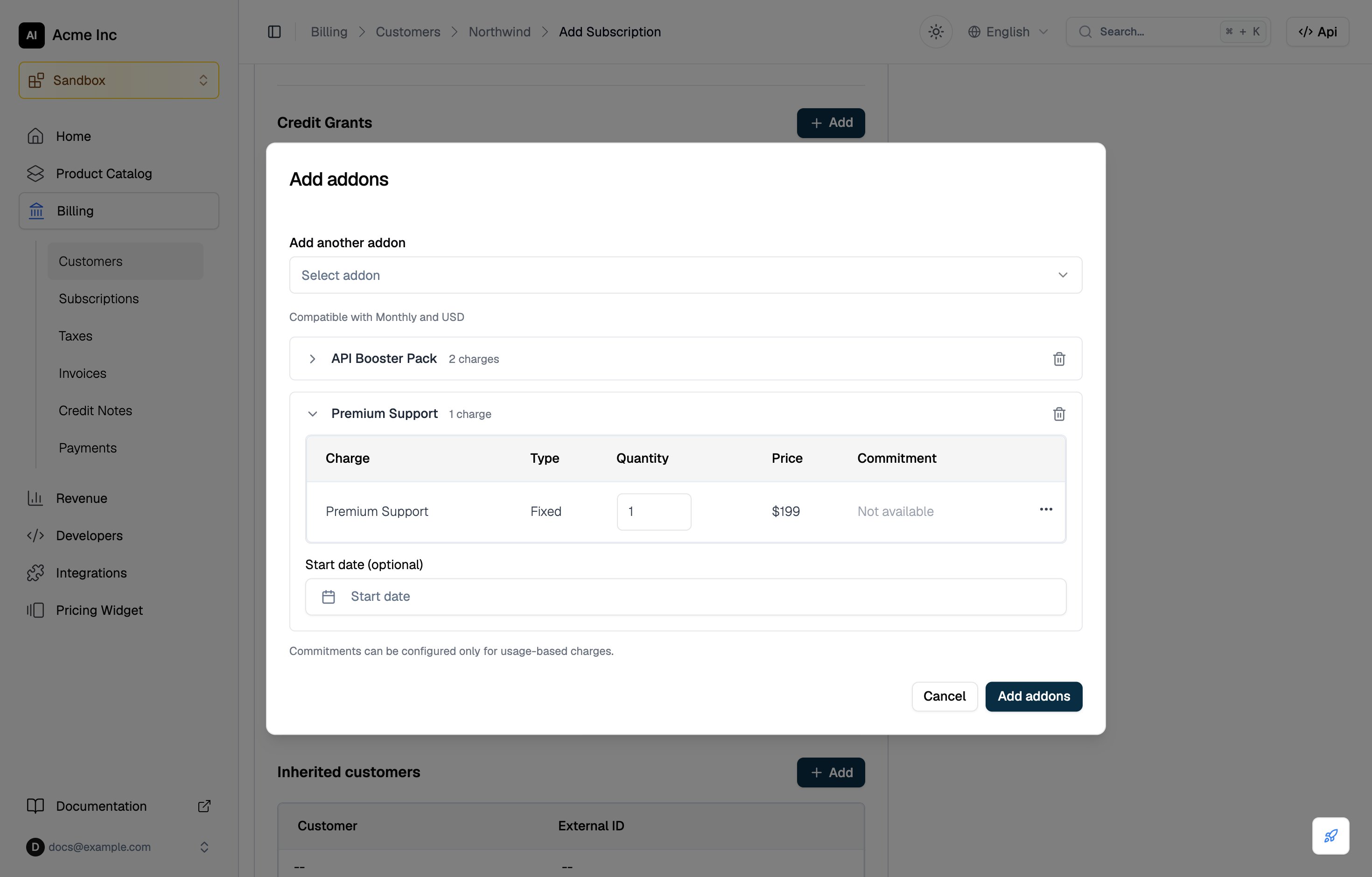 The Add addons dialog in the subscription form with two addons staged