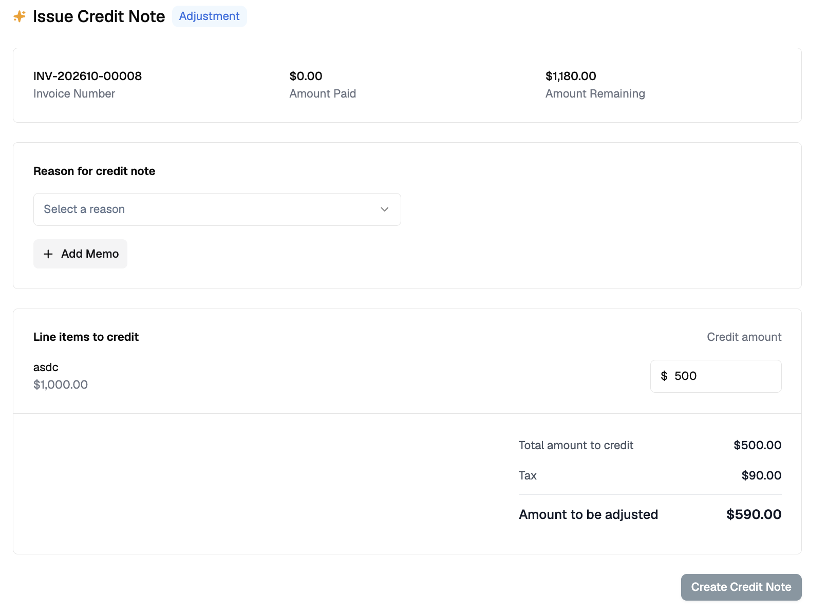 Issuing a credit note for 500.00 on a Stripe-taxed invoice, showing 90.00 of tax and 590.00 to be adjusted