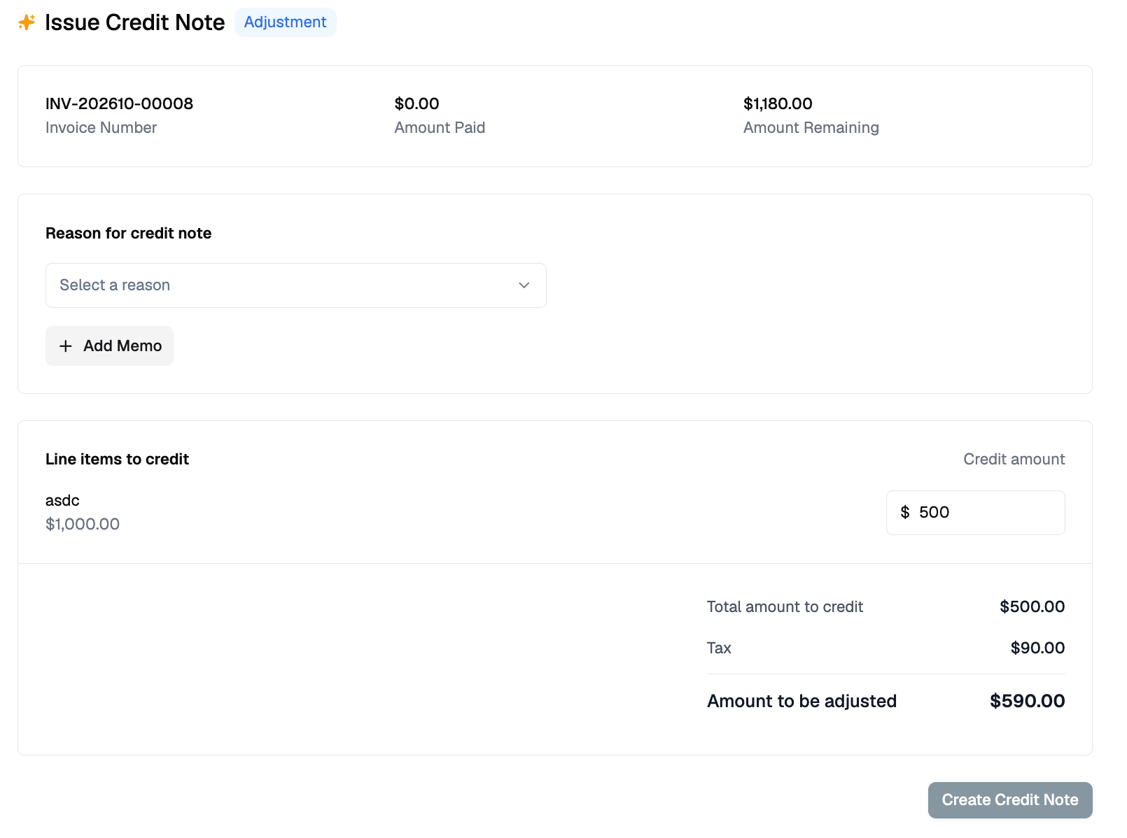 Issuing a credit note for 500.00 on a Stripe-taxed invoice, showing 90.00 of tax and 590.00 to be adjusted