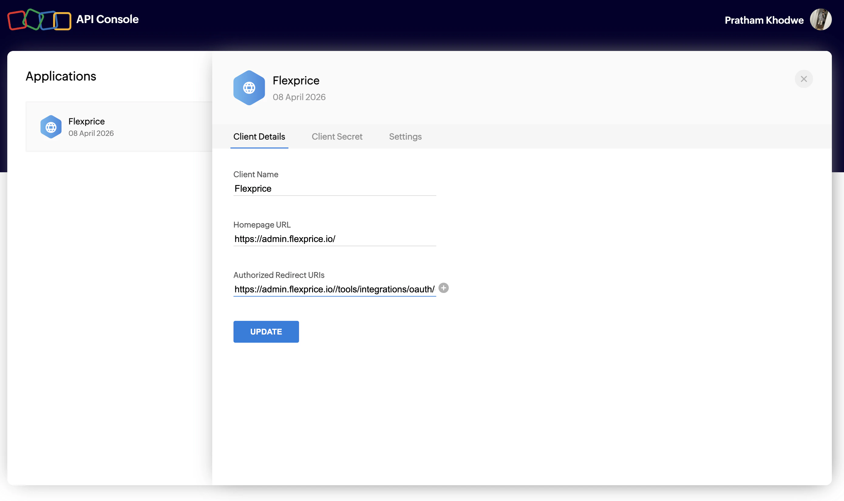 Zoho API Console — app details, homepage URL, and authorized redirect URI