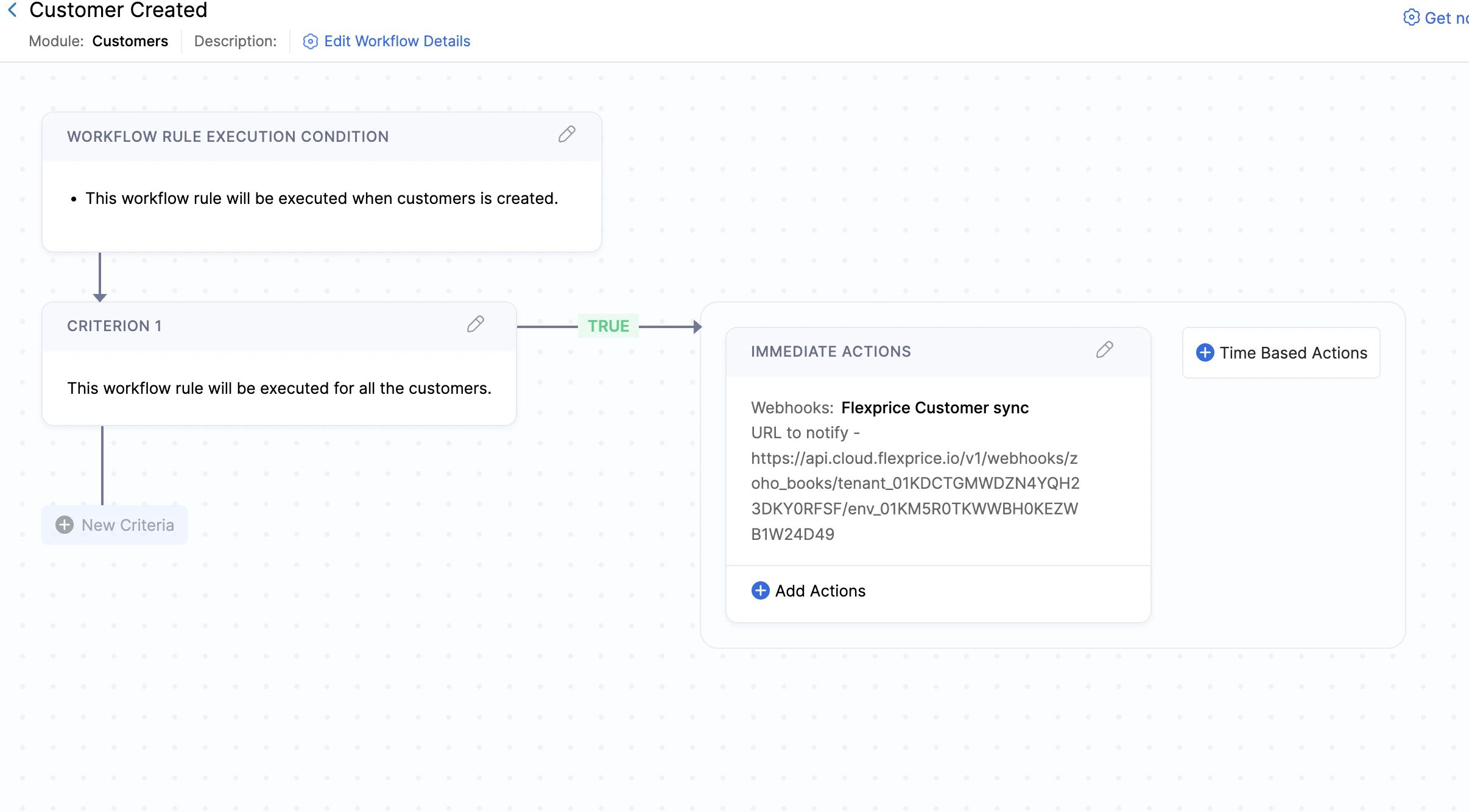 Zoho Books — Customers workflow: customer created triggers webhook to Flexprice