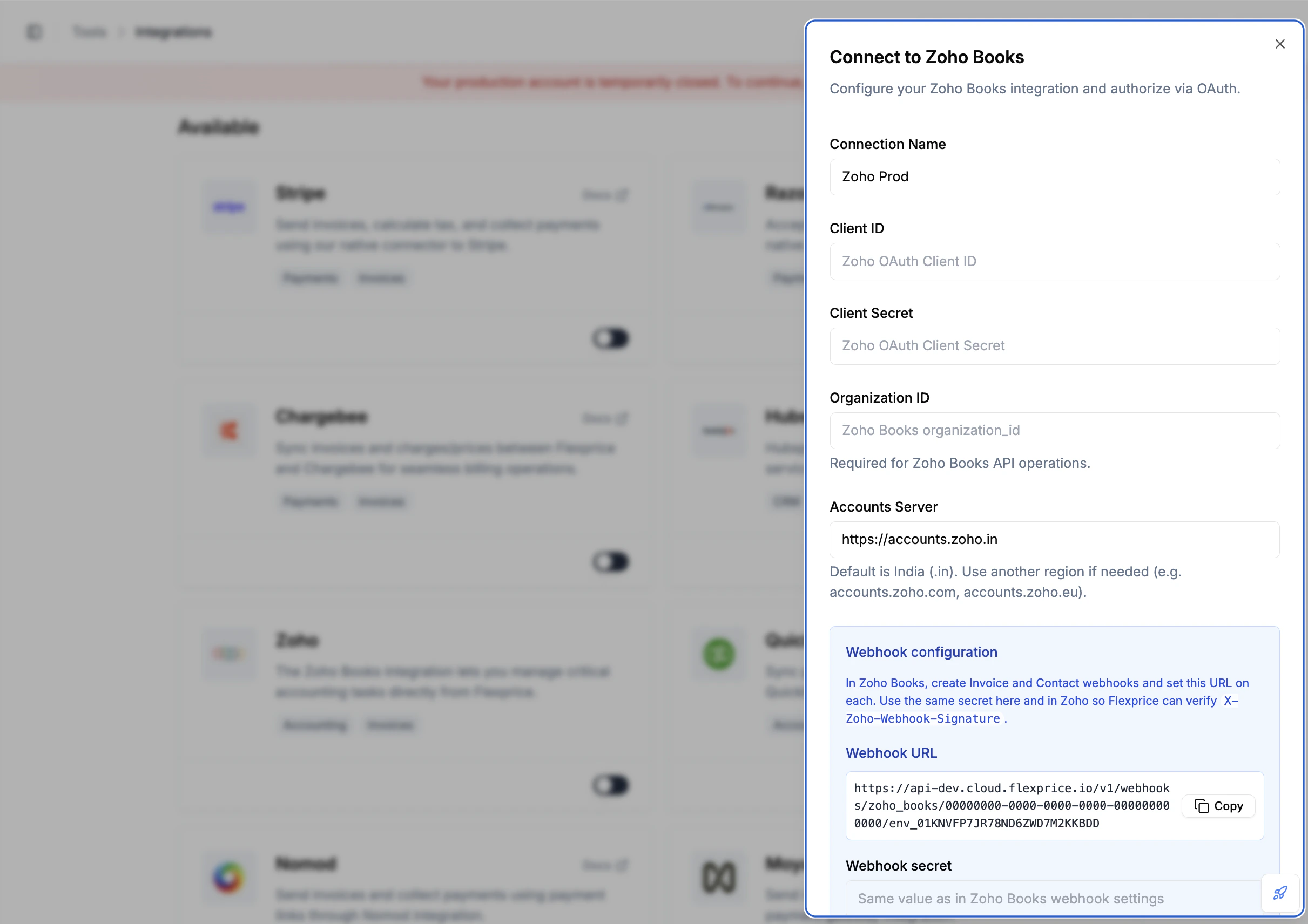 Flexprice — Connect to Zoho Books modal (credentials, org ID, accounts server, webhook URL and secret)