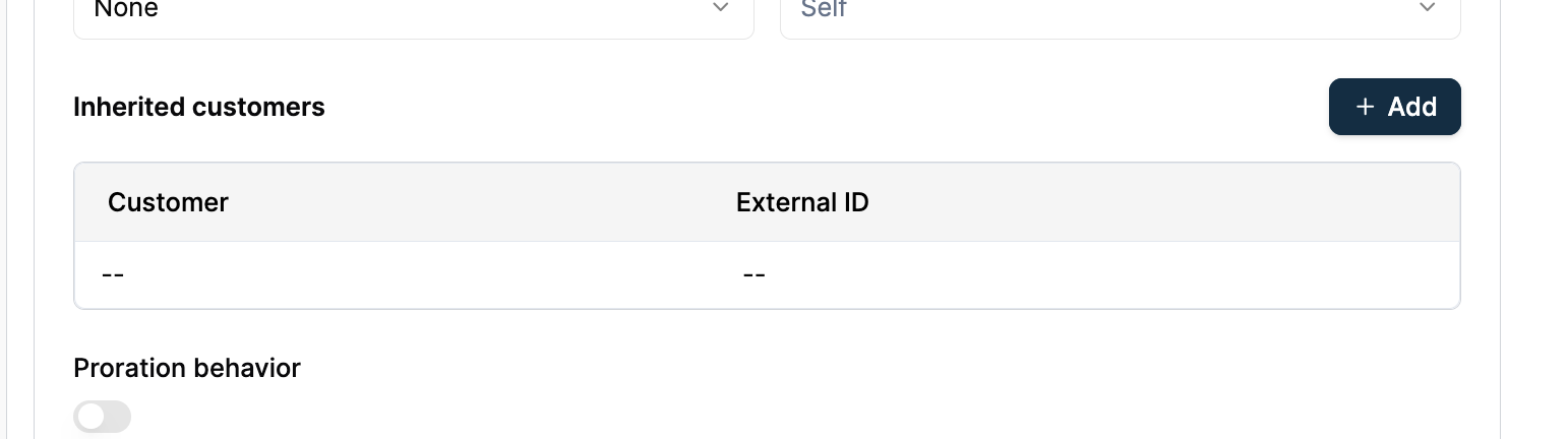 Subscription create form showing Customer Hierarchy section with child customer IDs