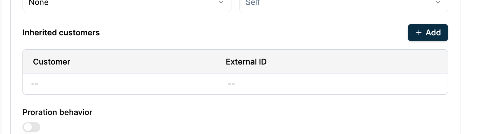 Subscription create form showing Customer Hierarchy section with child customer IDs