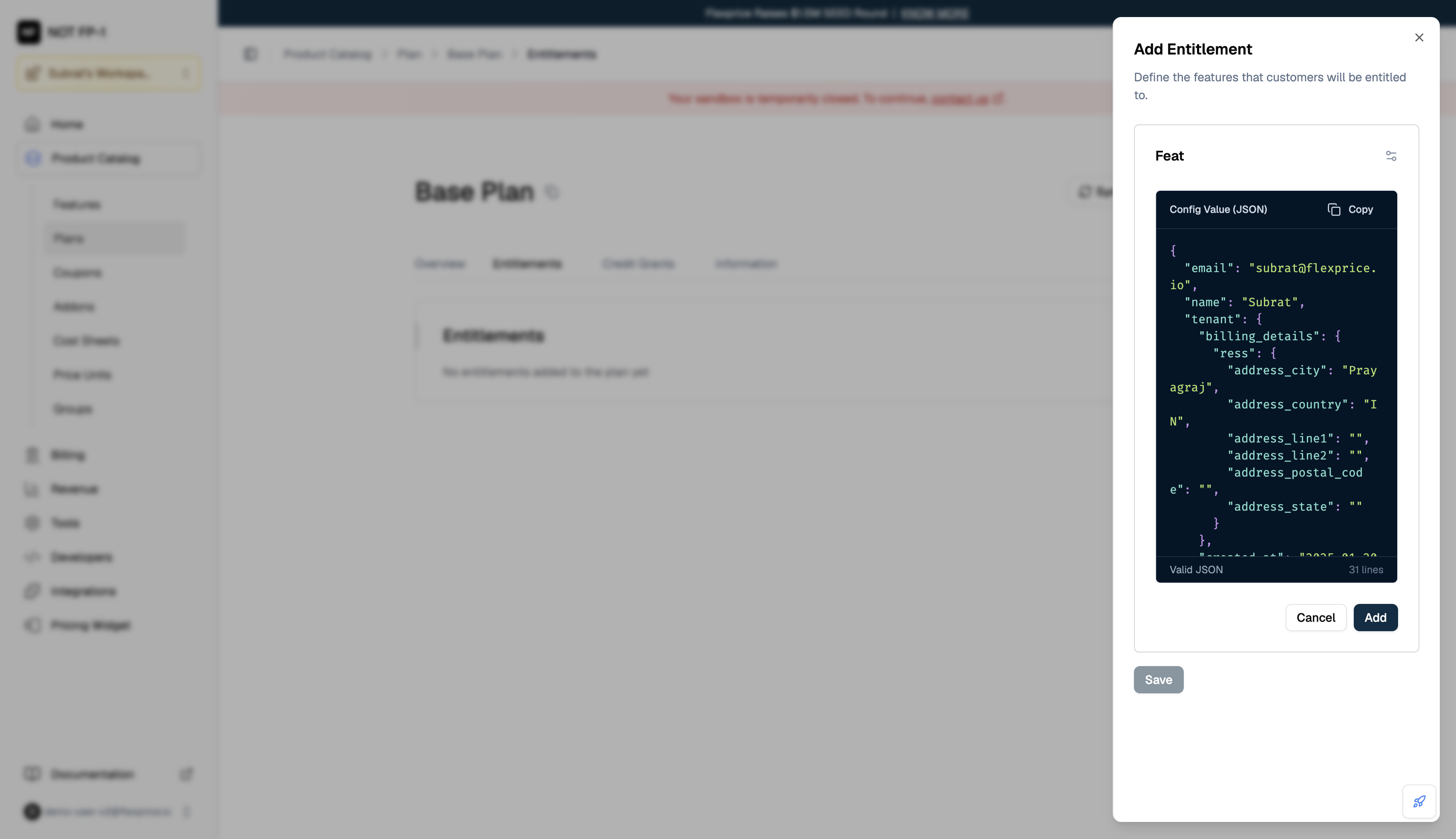 Add Entitlement with Config feature JSON editor