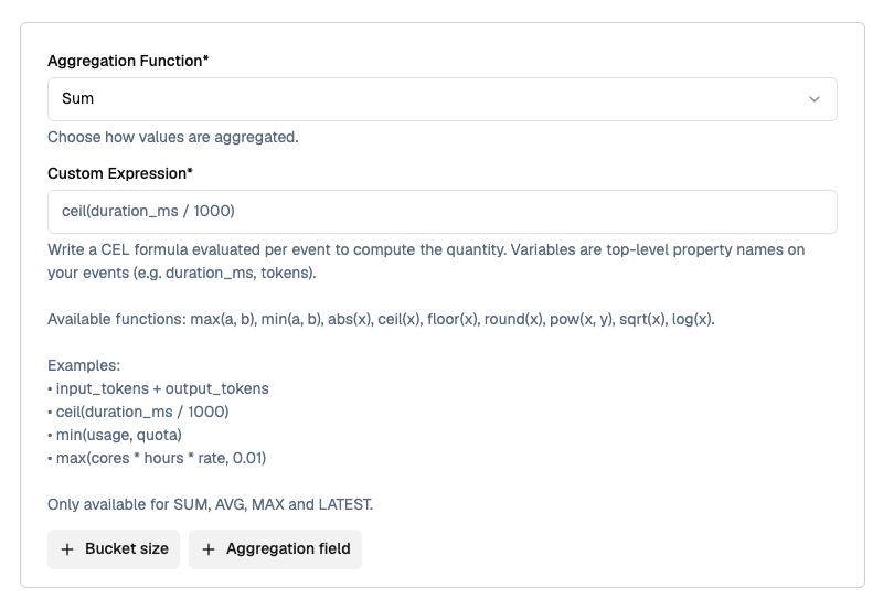 Custom Expression field with ceil(duration_ms / 1000) and inline help text listing available functions