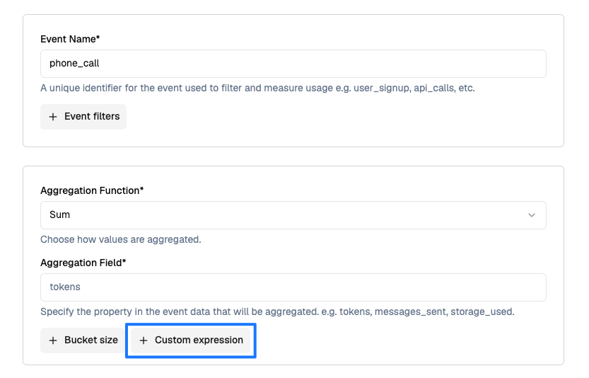 Aggregation section with the Custom expression toggle highlighted