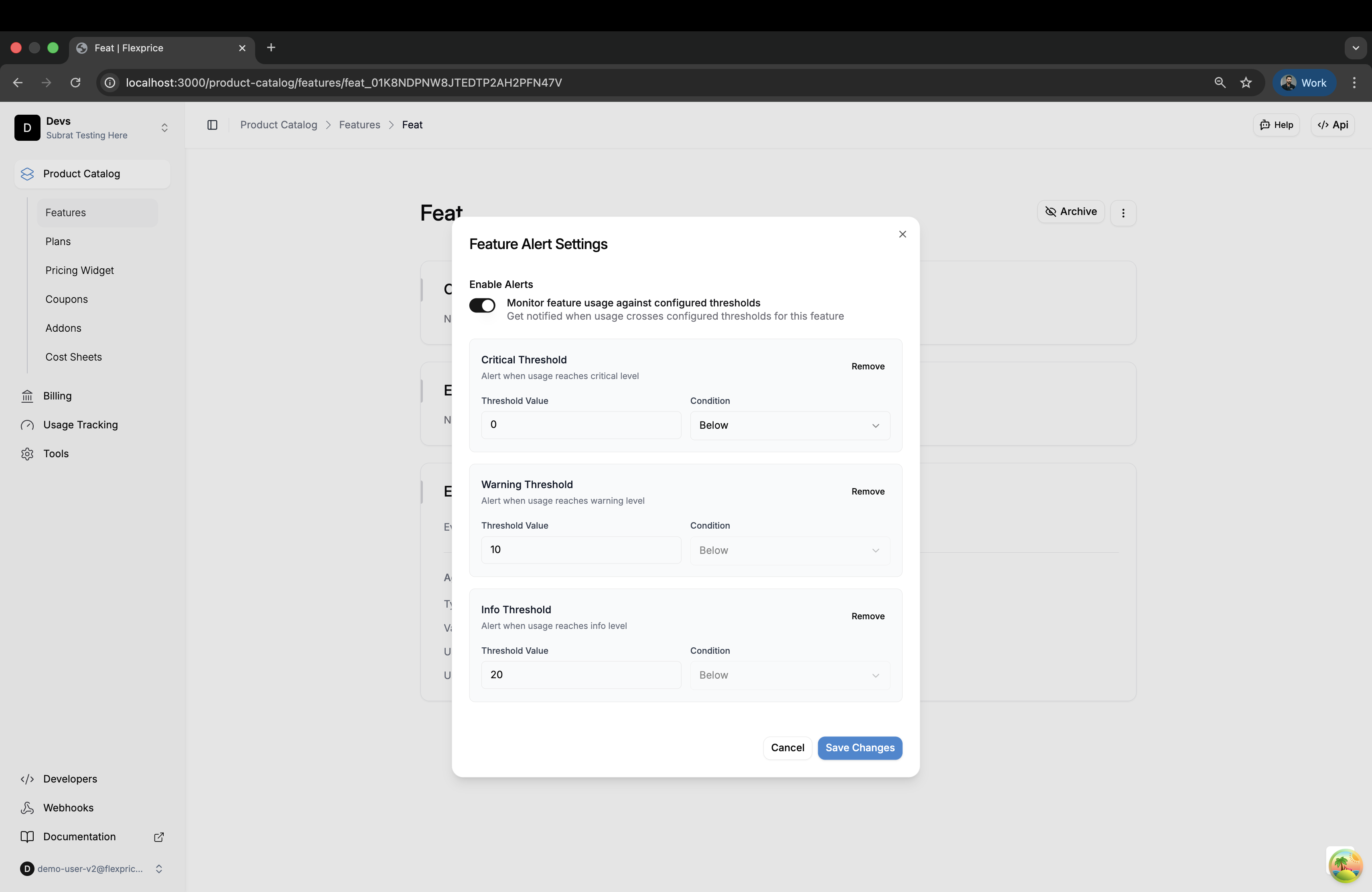 Configure Feature Alert Settings