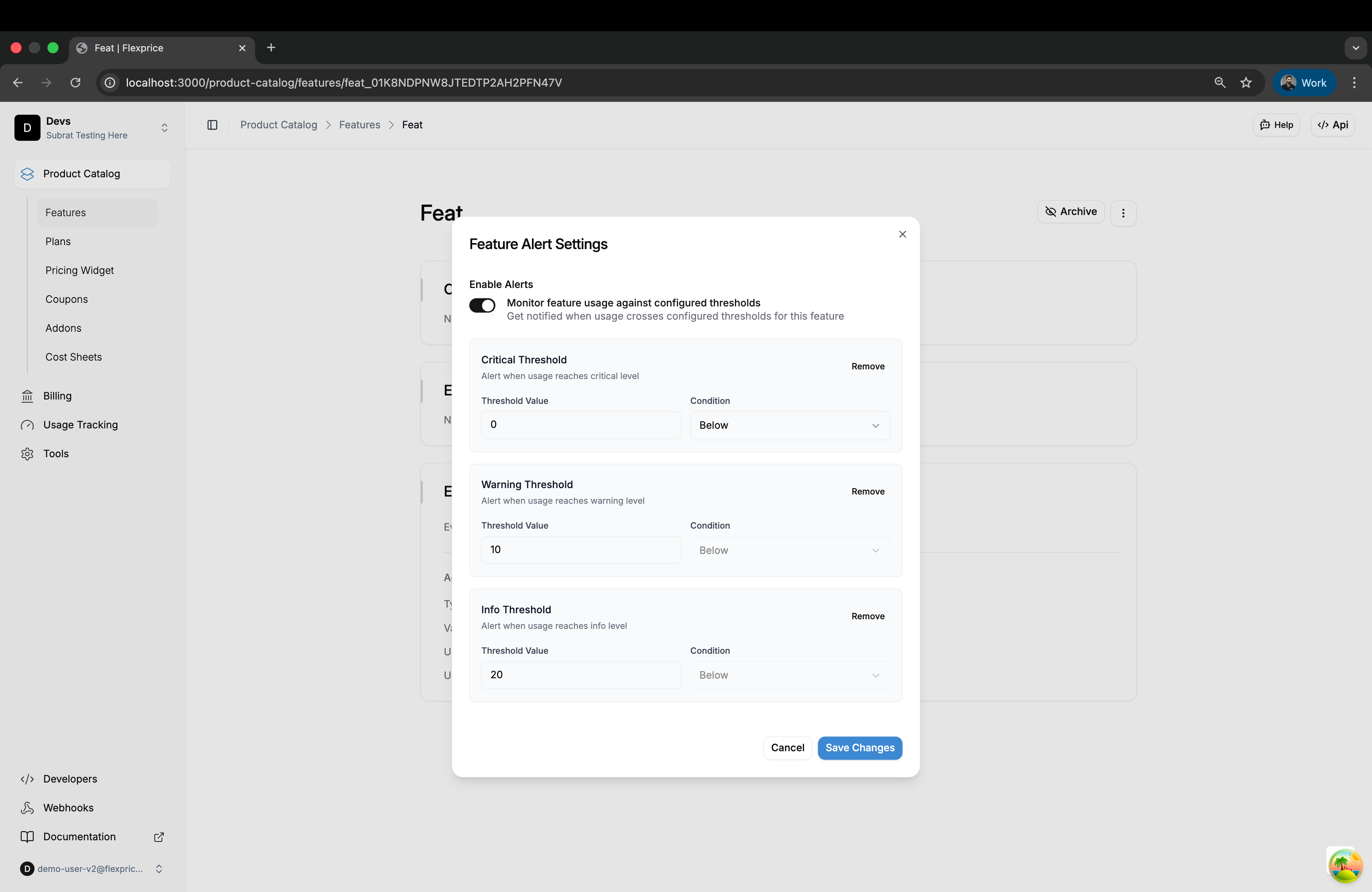 Configure Feature Alert Settings