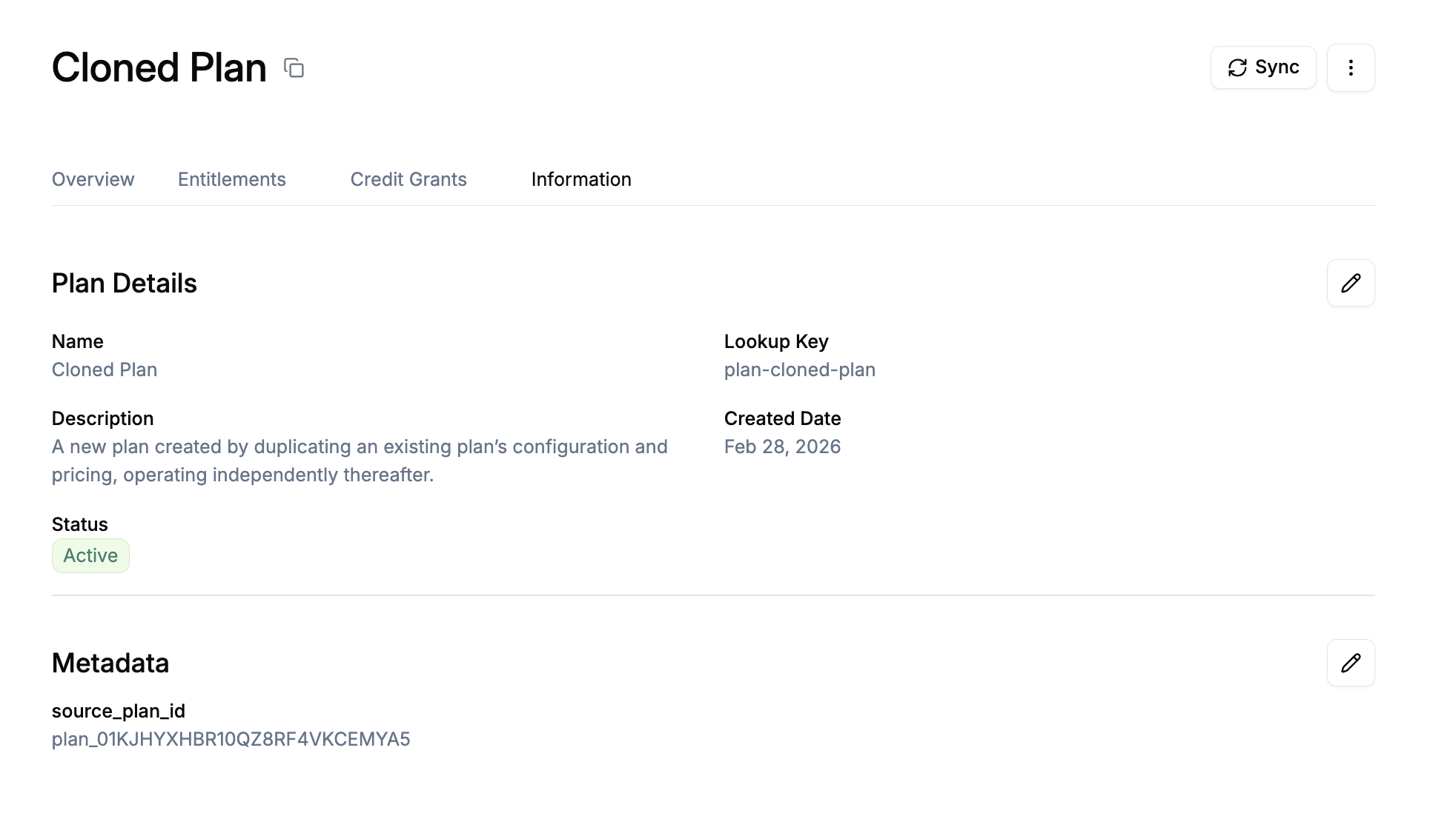 Cloned plan detail page showing Plan Details, Metadata with source_plan_id, and Overview tab