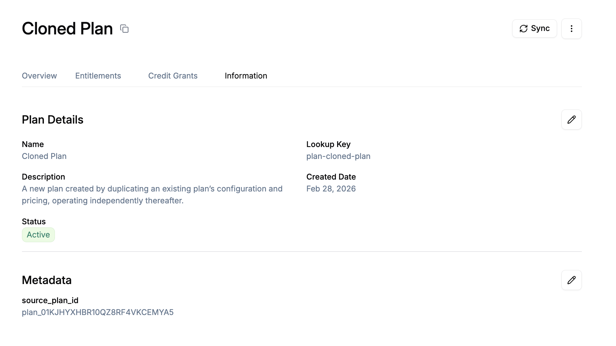 Cloned plan detail page showing Plan Details, Metadata with source_plan_id, and Overview tab