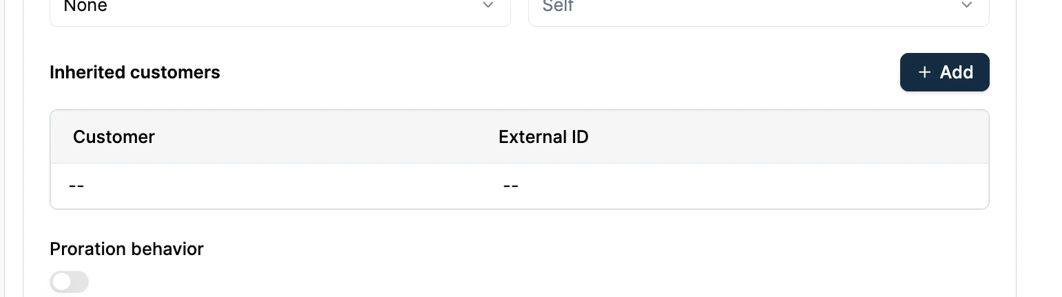 Subscription create form showing Customer Hierarchy section with child customer IDs