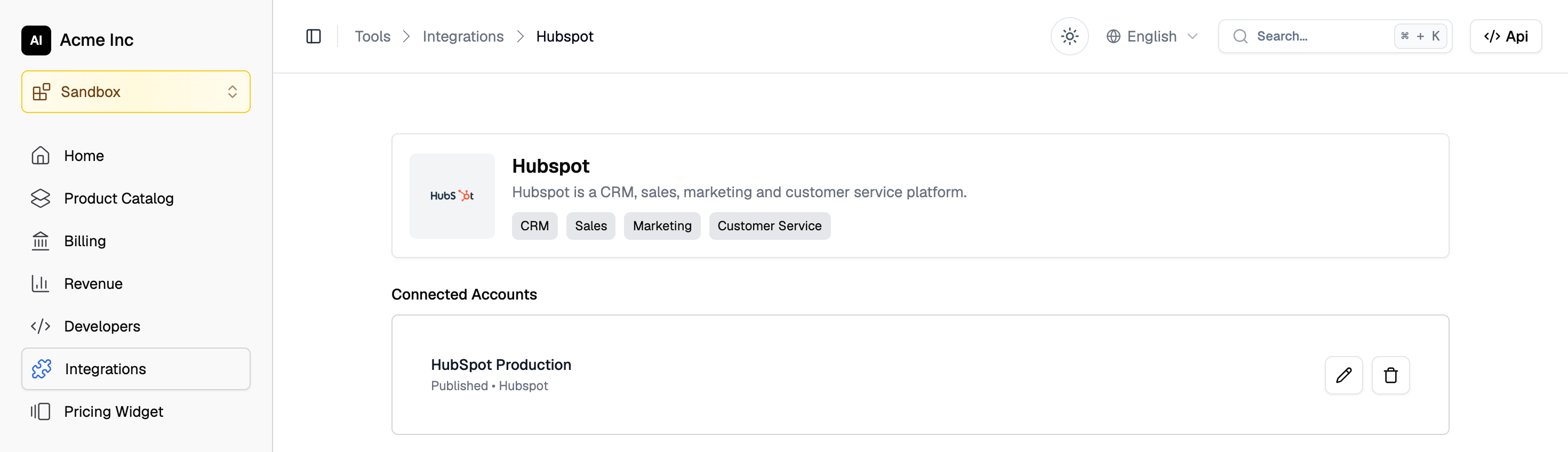 HubSpot integration page in the Flexprice dashboard, listing the HubSpot Production connection under Connected Accounts