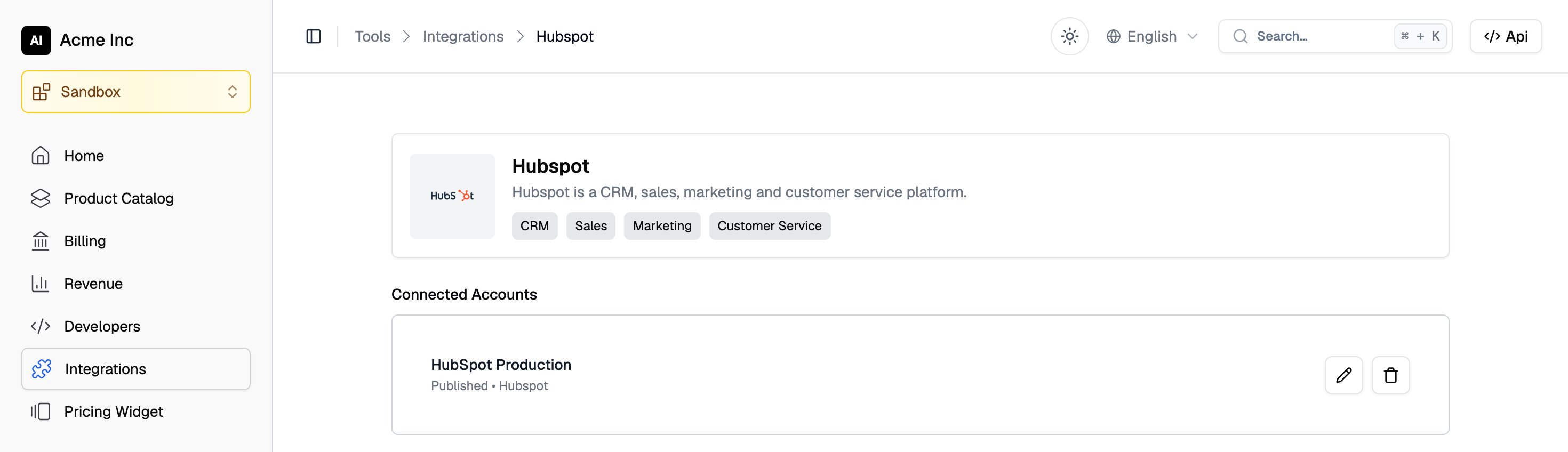 HubSpot integration page in the Flexprice dashboard, listing the HubSpot Production connection under Connected Accounts