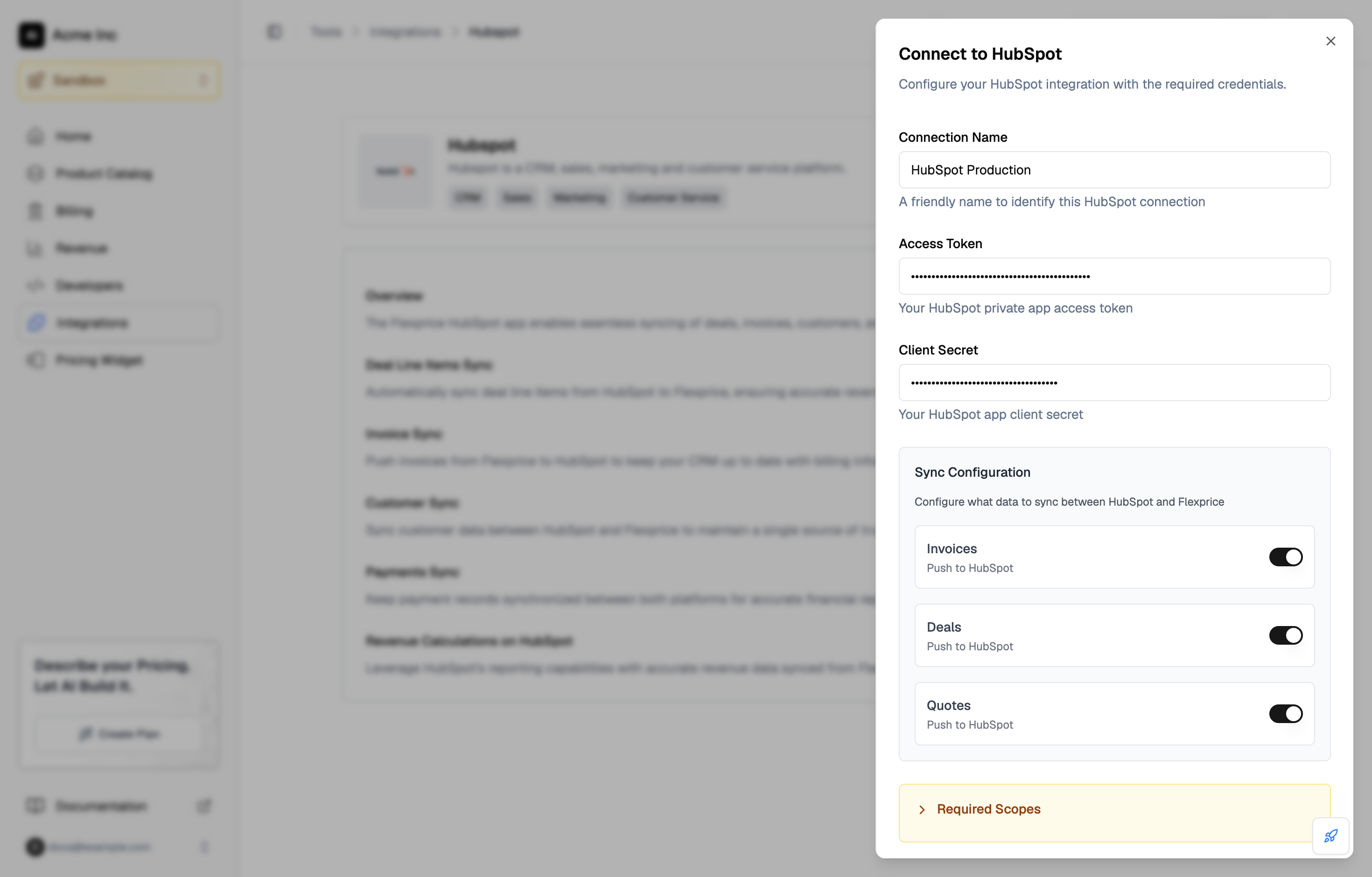Connect to HubSpot drawer with the connection name, masked access token and client secret, and the Invoices, Deals, and Quotes toggles turned on