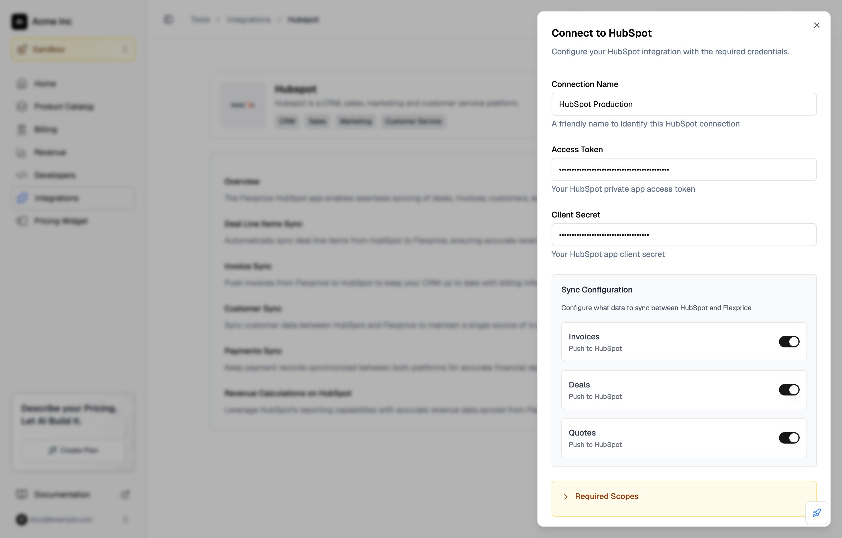 Connect to HubSpot drawer with the connection name, masked access token and client secret, and the Invoices, Deals, and Quotes toggles turned on