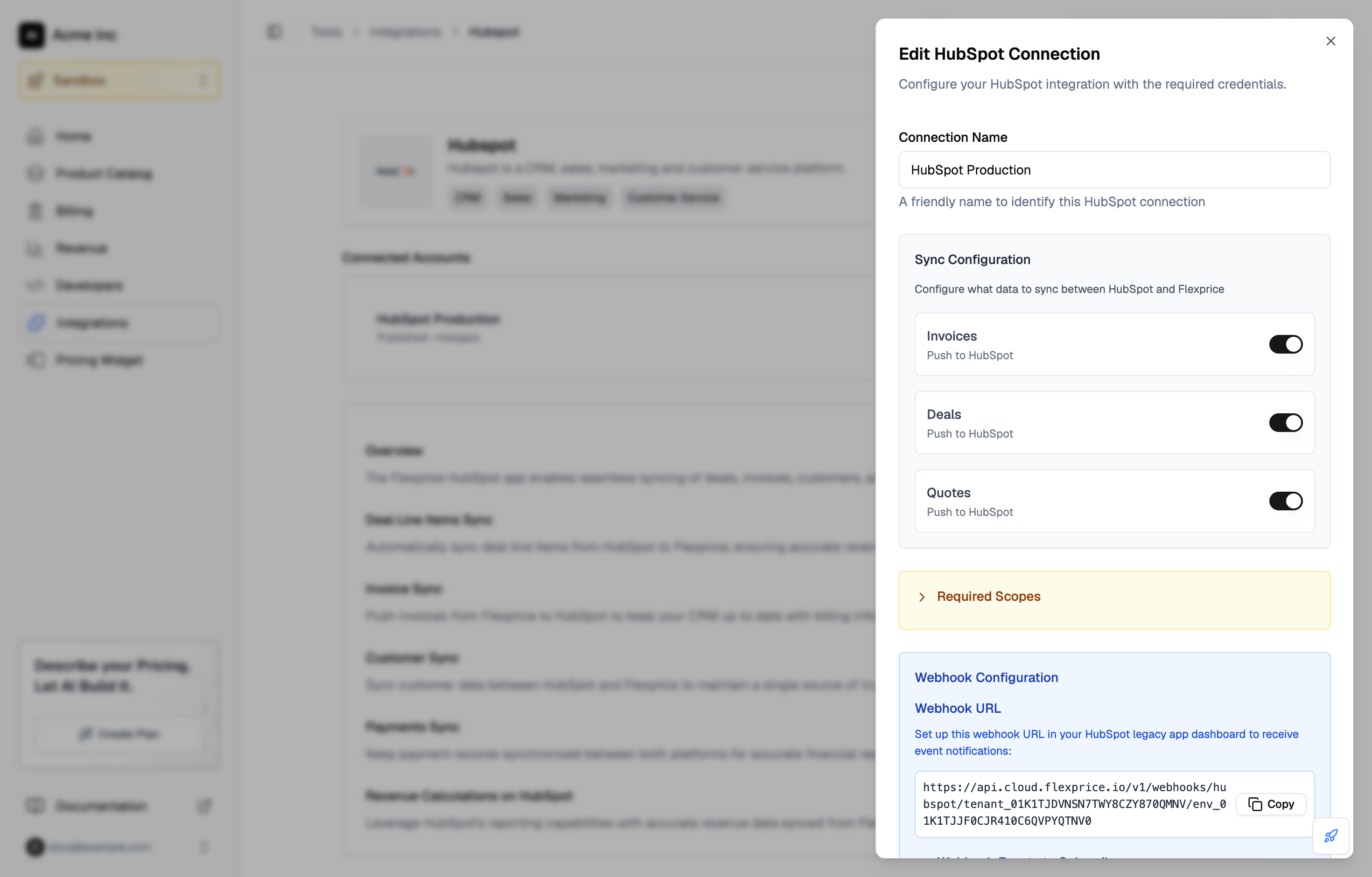 Edit HubSpot Connection drawer, showing the connection name and the sync toggles but no access token or client secret fields