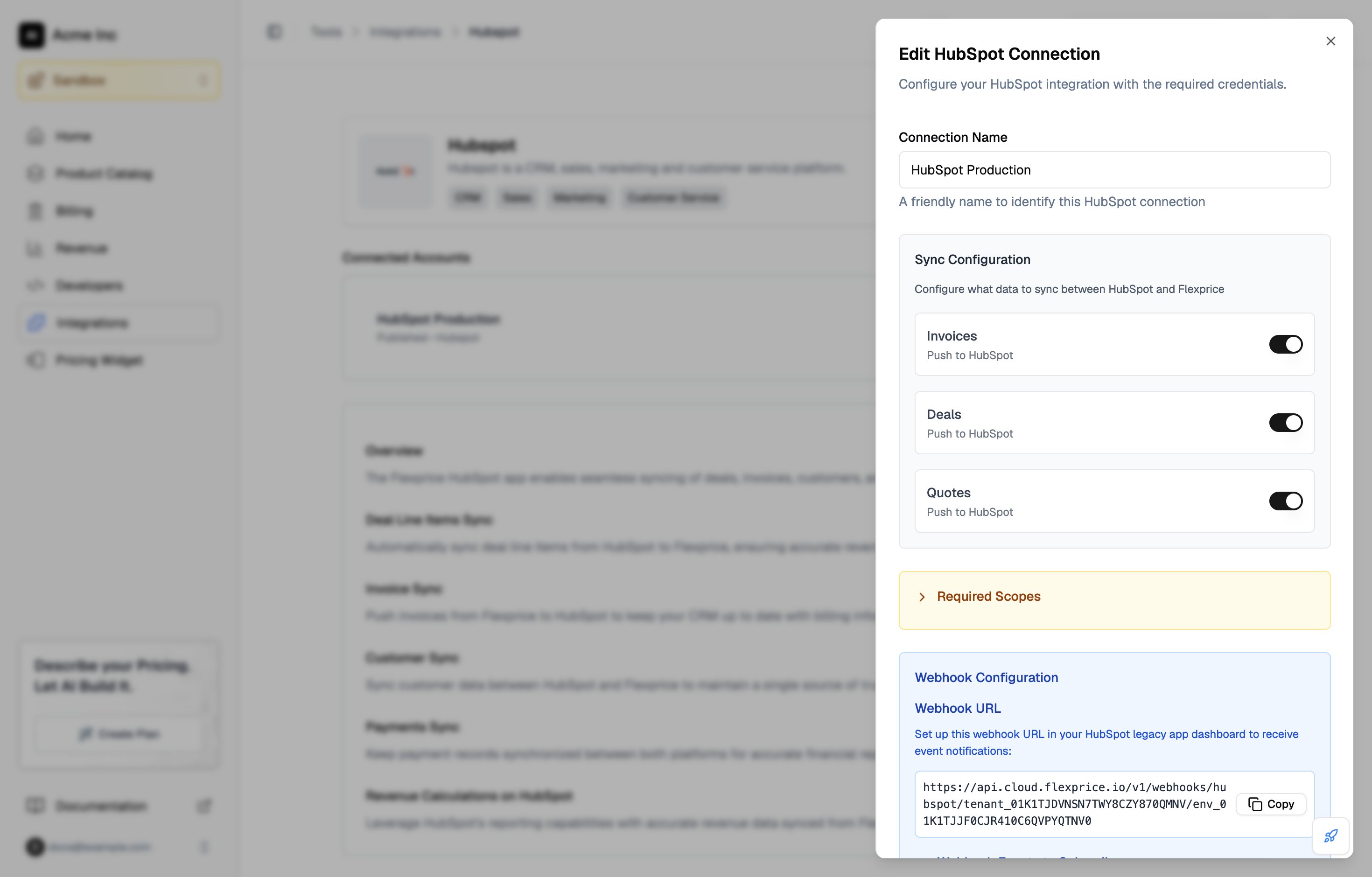 Edit HubSpot Connection drawer, showing the connection name and the sync toggles but no access token or client secret fields