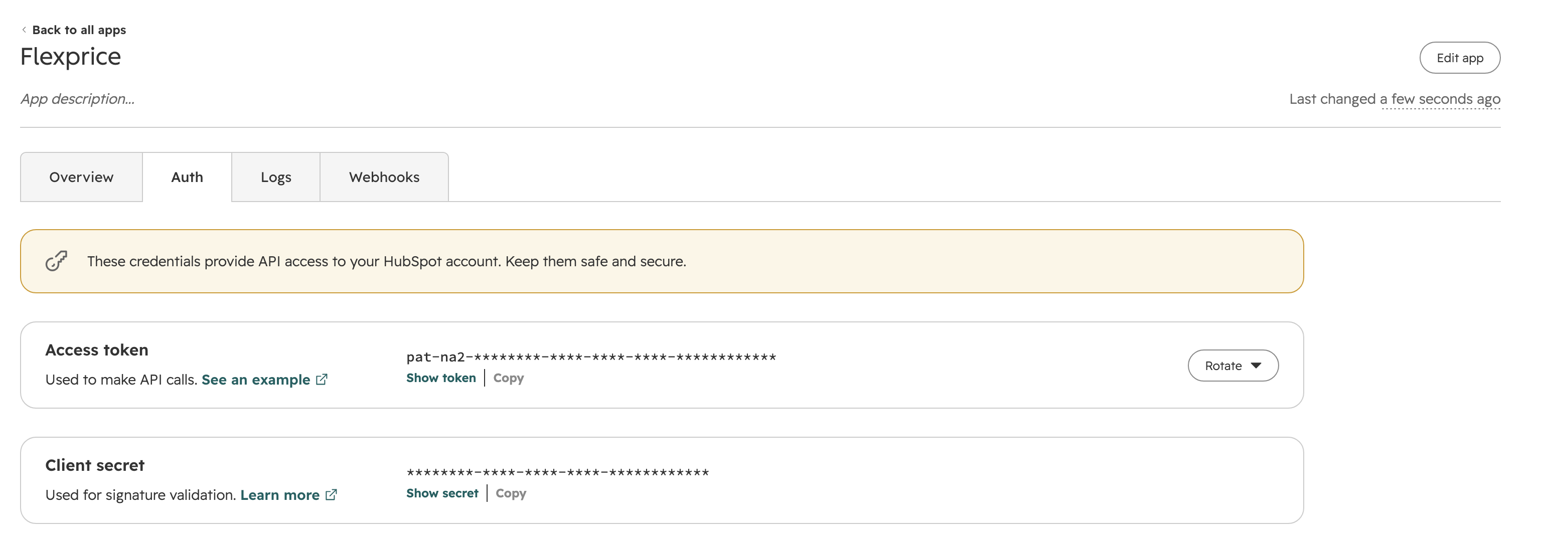 Auth tab of the Flexprice legacy app in HubSpot, with the masked access token and client secret and their Show and Copy buttons