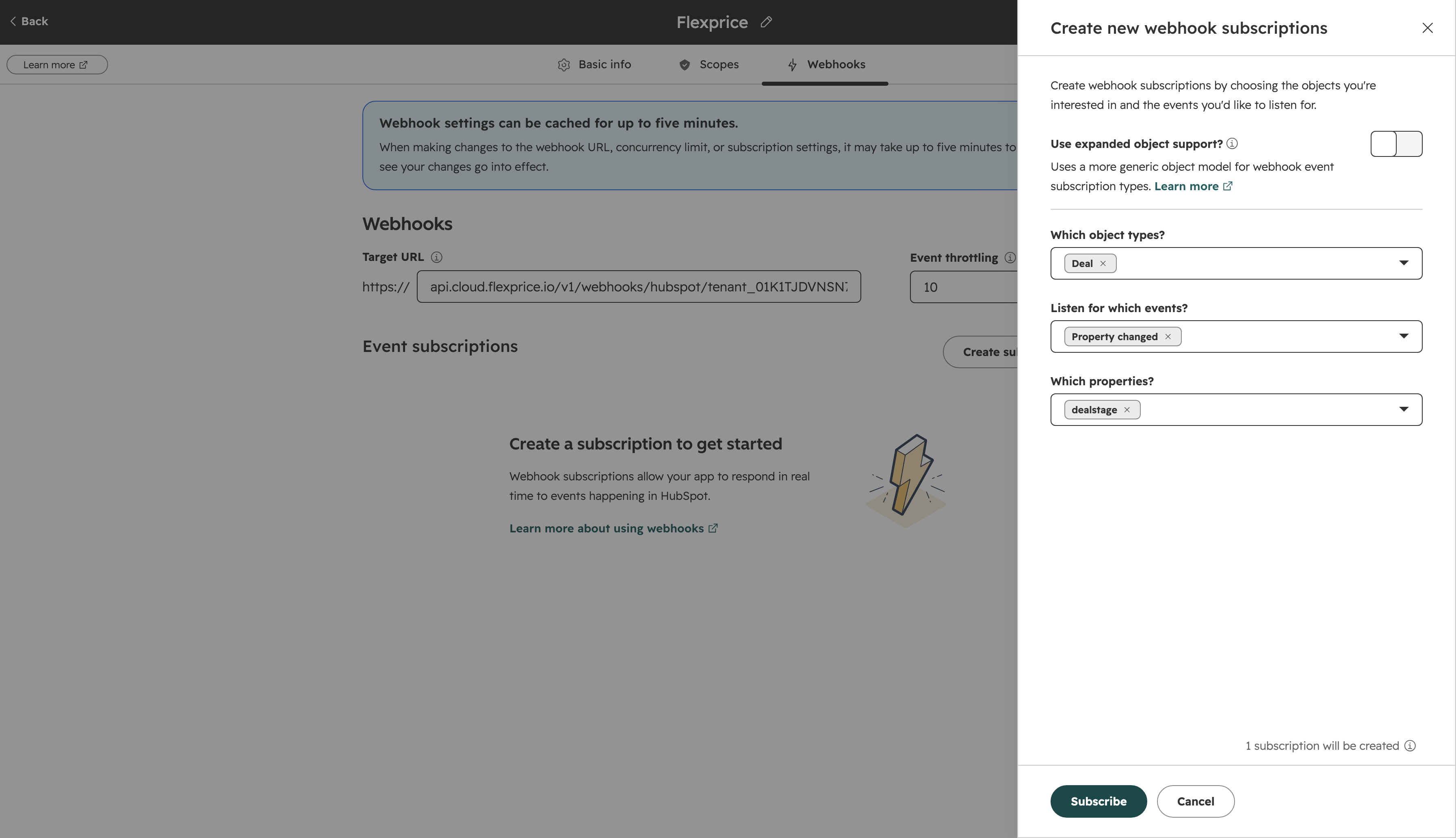 Create new webhook subscriptions panel in HubSpot, with Deal, Property changed, and dealstage selected
