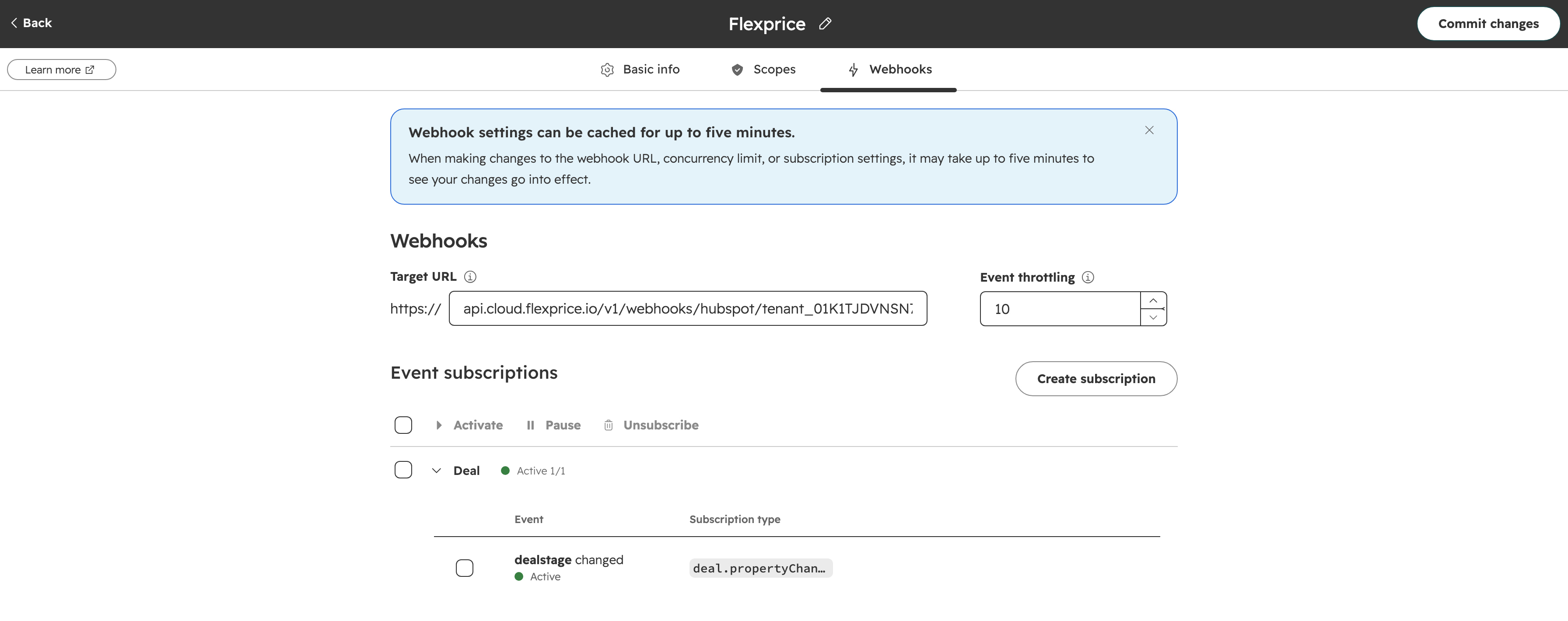 Webhooks tab of the HubSpot app, with the Flexprice target URL and an active dealstage changed subscription on Deal