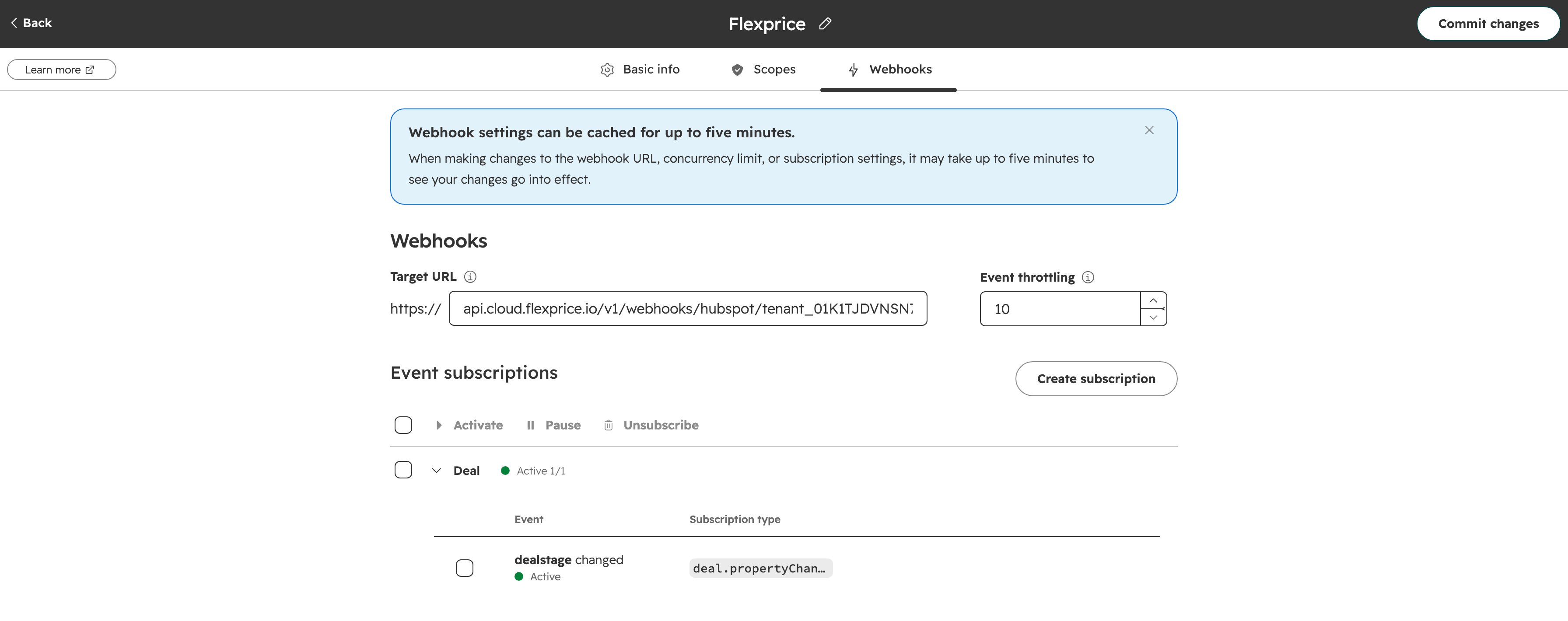 Webhooks tab of the HubSpot app, with the Flexprice target URL and an active dealstage changed subscription on Deal