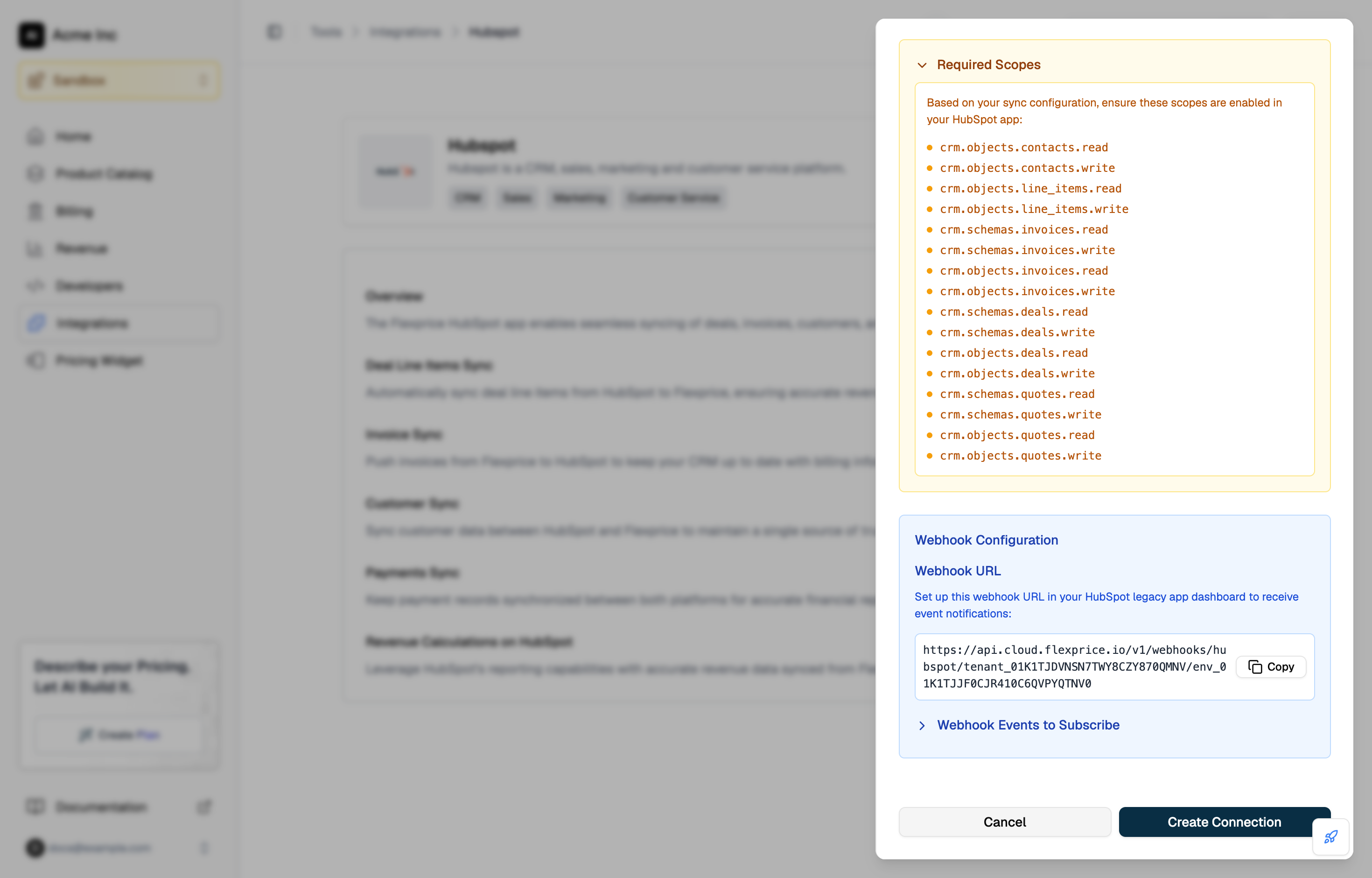 Required Scopes panel in the Connect to HubSpot drawer, listing the scopes for invoice, deal, and quote sync