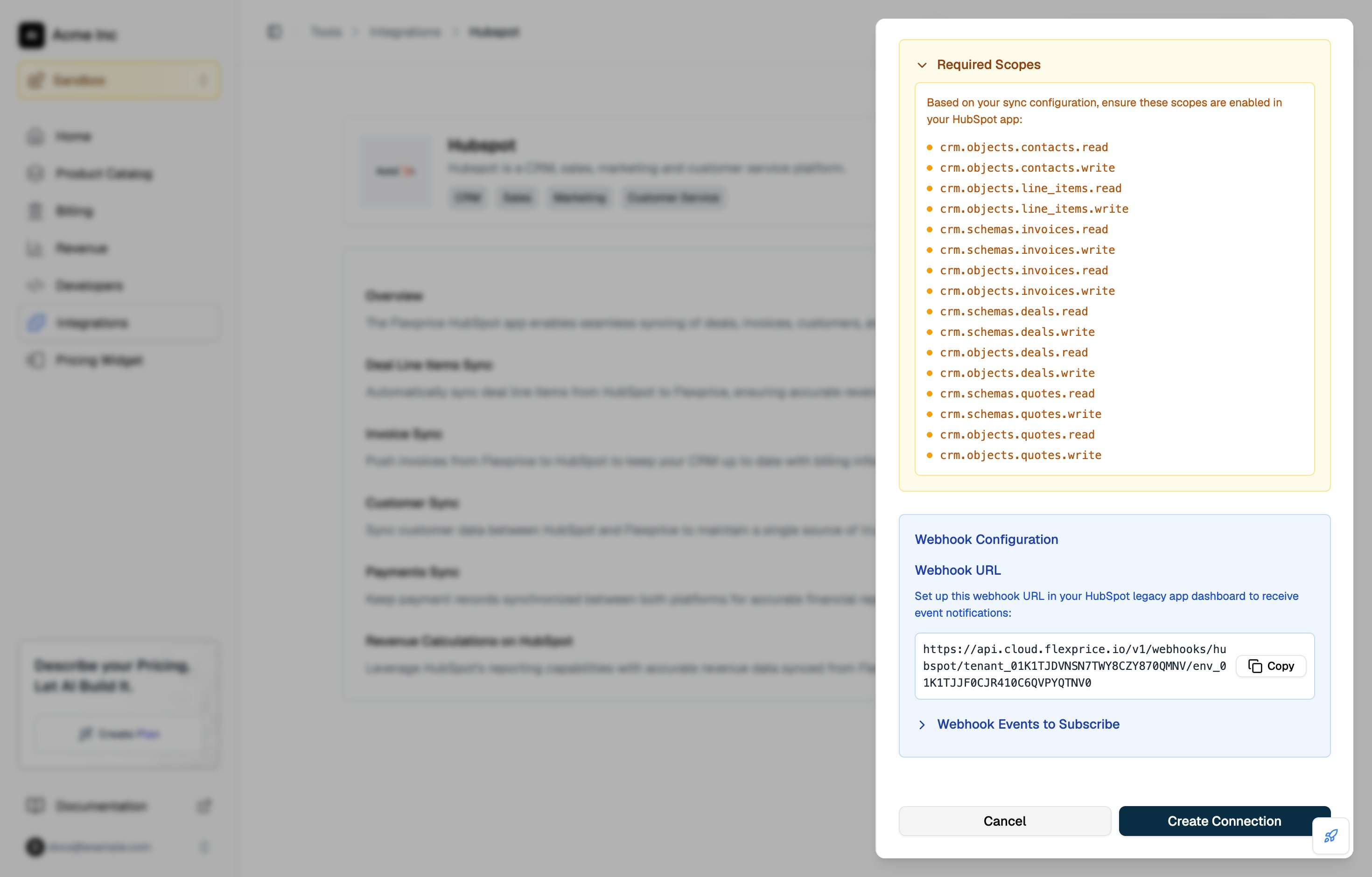Required Scopes panel in the Connect to HubSpot drawer, listing the scopes for invoice, deal, and quote sync