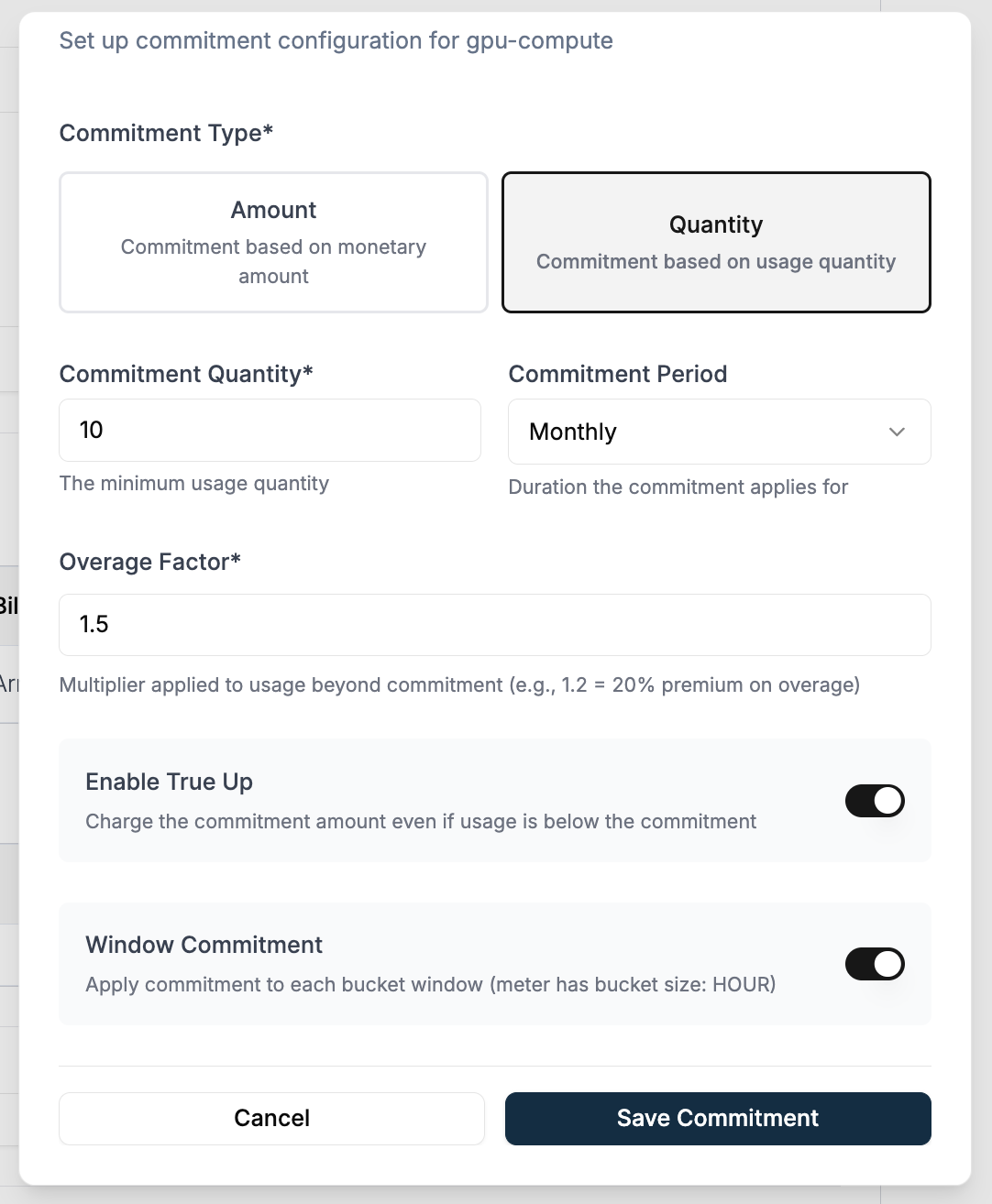 Configure commitment for windowed setup