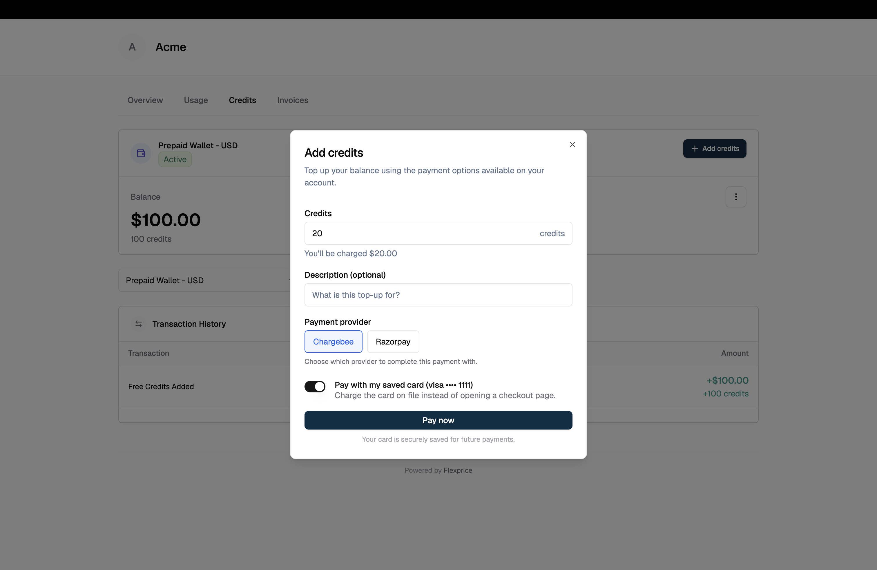 Add credits dialog showing the credit amount, the charge summary, the payment provider choice and the saved-card toggle