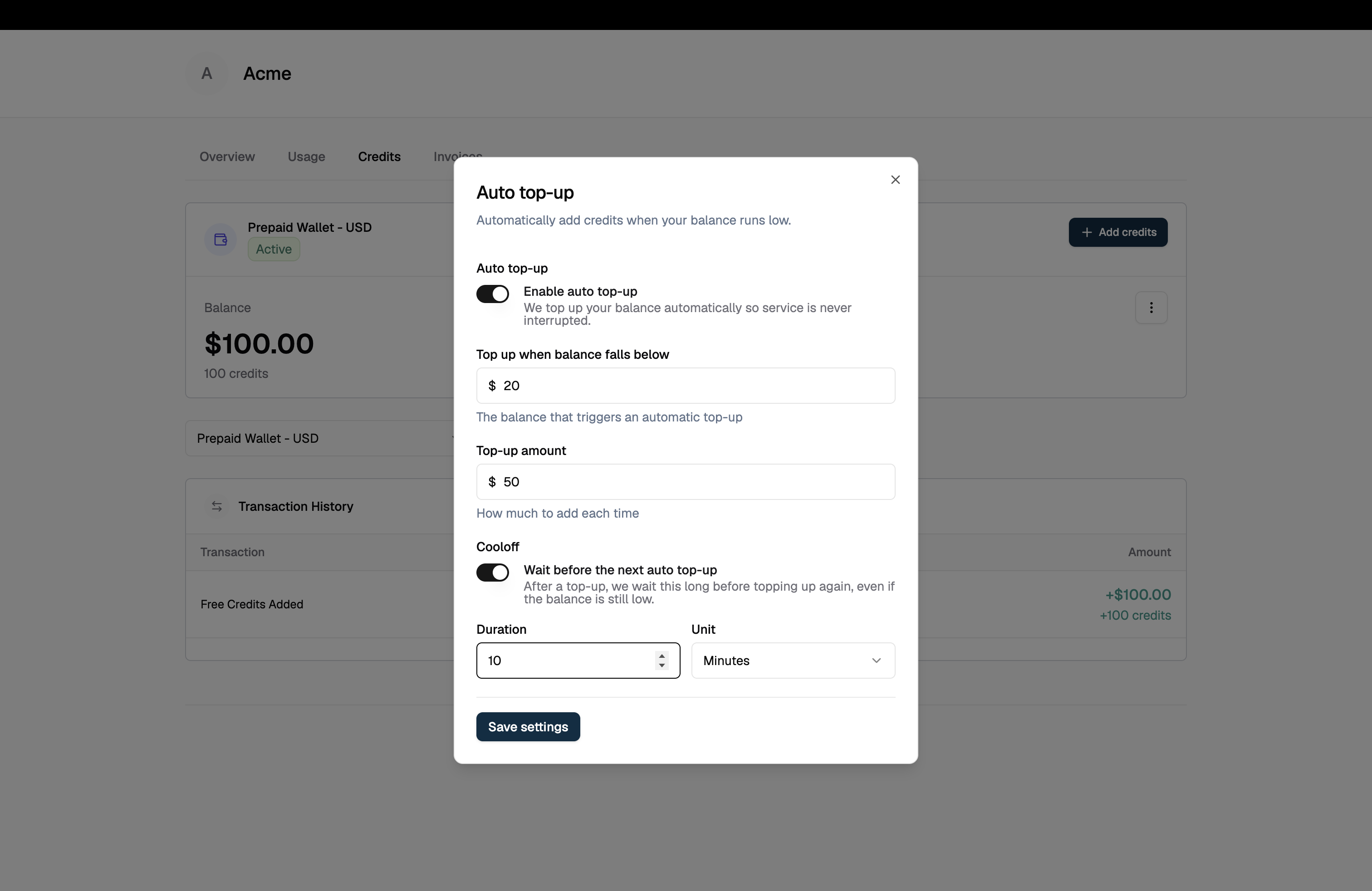 Auto top-up dialog showing the enable toggle, threshold, top-up amount and the cooloff duration and unit