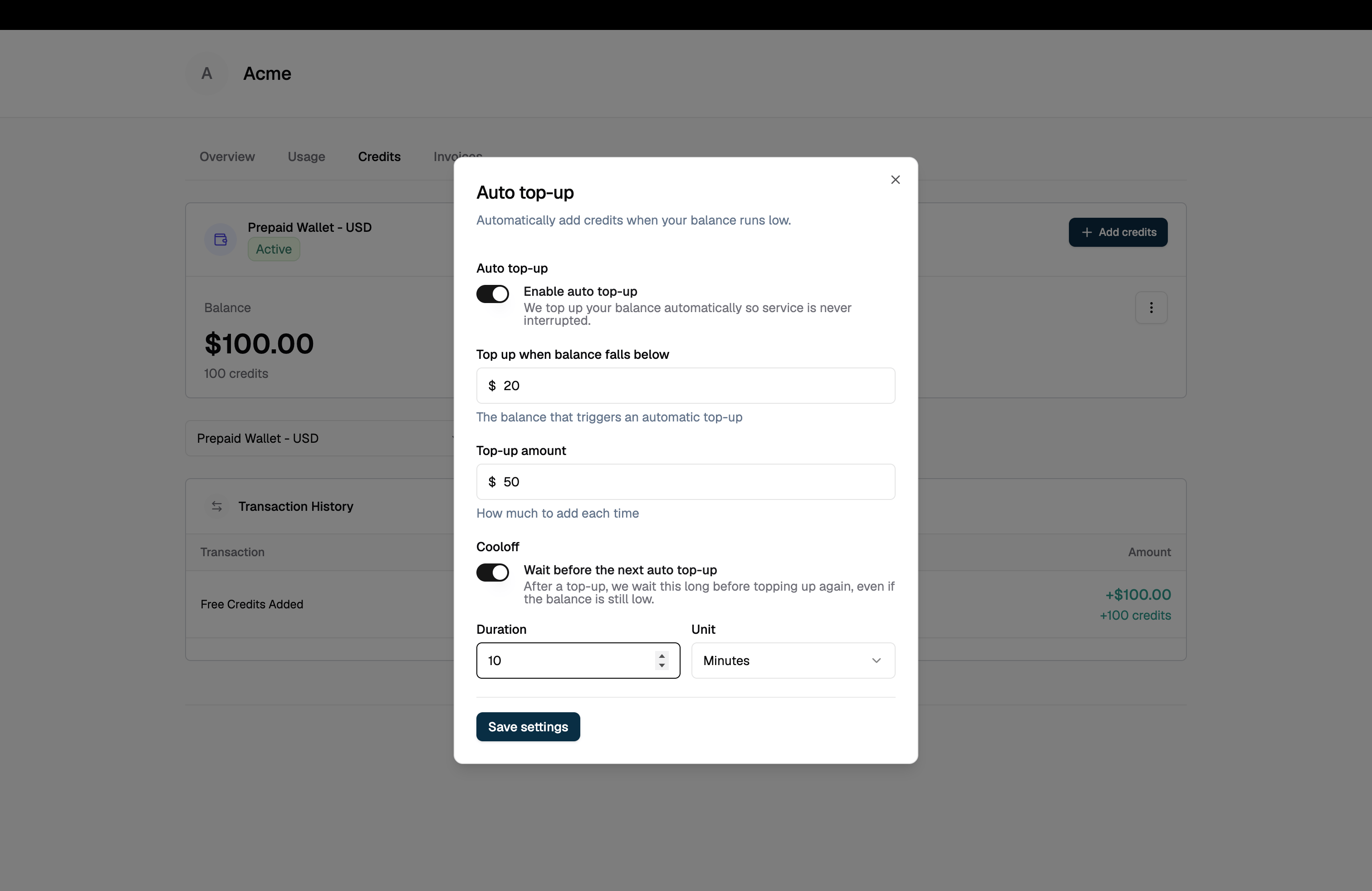 Auto top-up dialog showing the enable toggle, threshold, top-up amount and the cooloff duration and unit