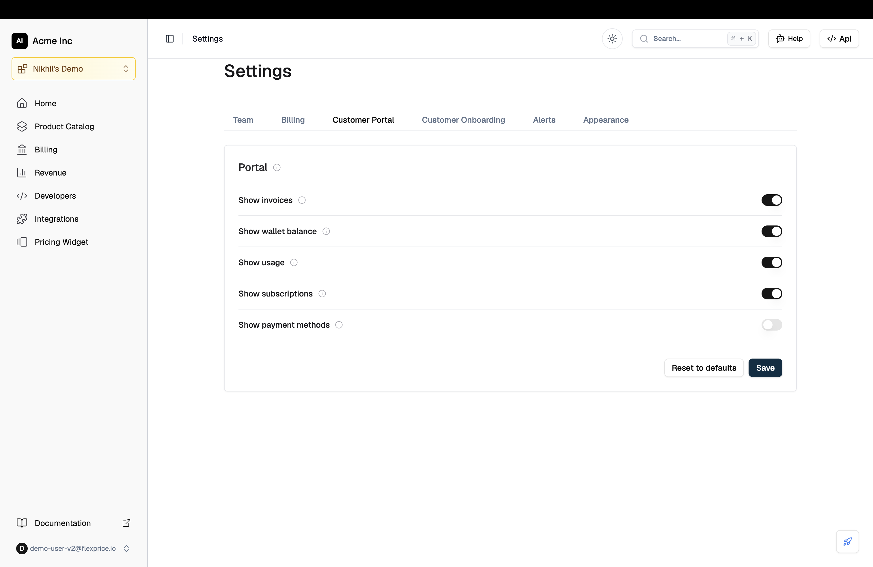 Settings, Customer Portal tab, showing the five portal visibility toggles