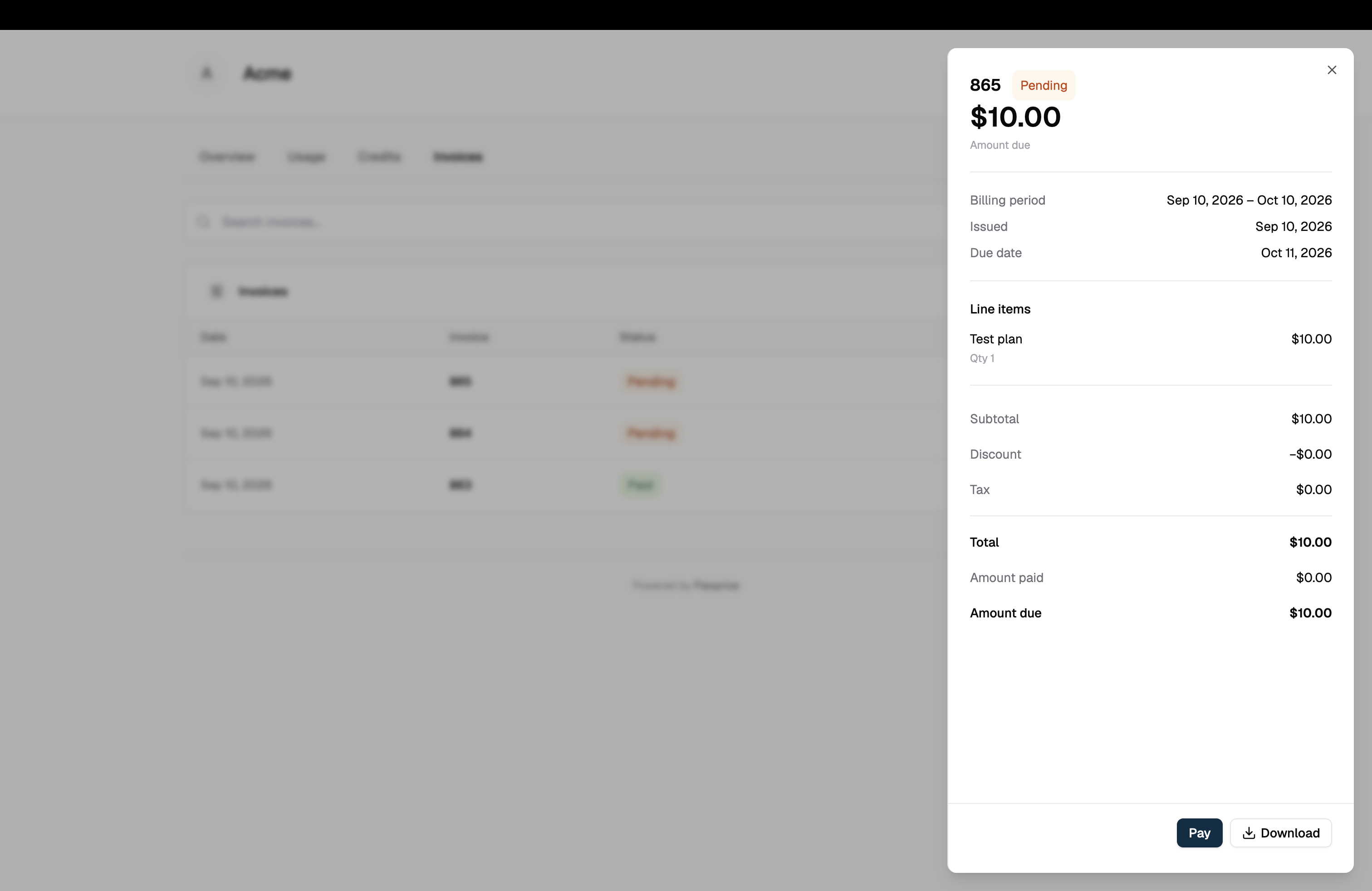 Invoice detail drawer showing amount due, billing period, line items, totals, and the Pay and Download actions