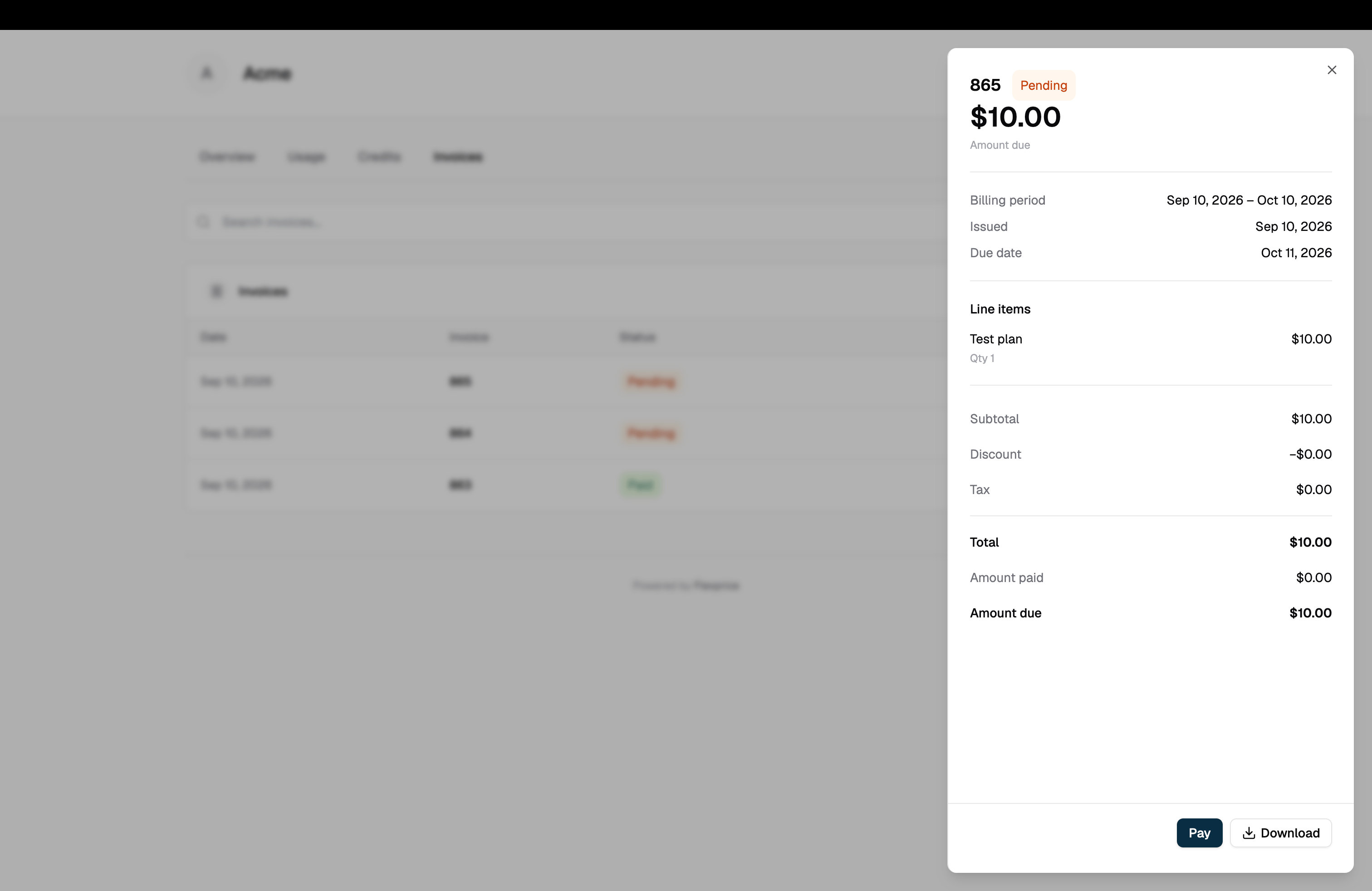 Invoice detail drawer showing amount due, billing period, line items, totals, and the Pay and Download actions